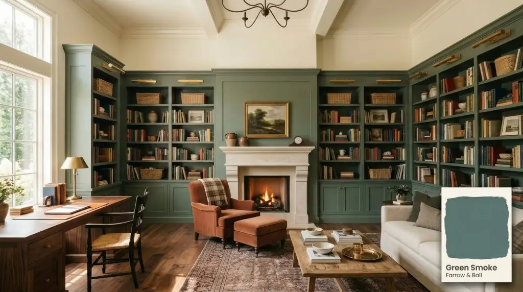 Expansive built-in bookcases and wainscoting painted in Farrow & Ball Green Smoke (Hex #6f7b71) frame a medium-dark walnut desk and tumbled limestone fireplace.