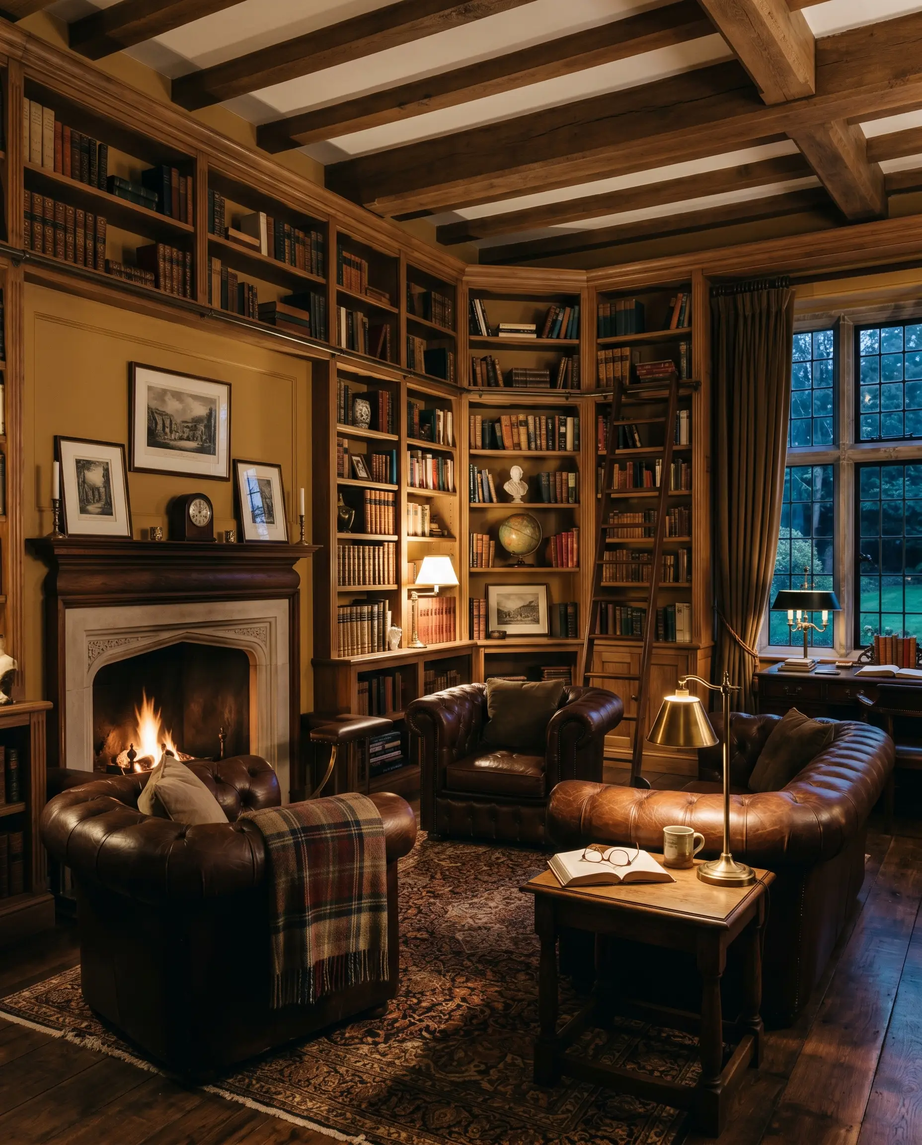 Built-in shelving and walls painted in Farrow & Ball India Yellow (Hex #c59c5d) anchor a cozy library featuring rich leather armchairs and a heavily textured rug over aged walnut flooring.
