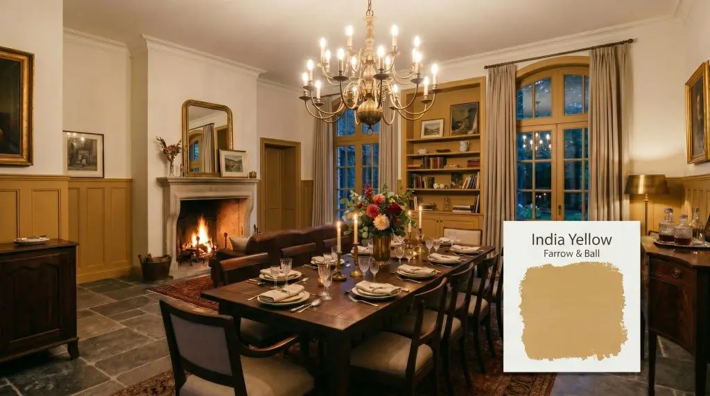 Traditional wainscoting painted in Farrow & Ball India Yellow (Hex #c59c5d) wraps a grand historic dining room featuring a dark aged walnut table and tumbled Belgian bluestone flooring.