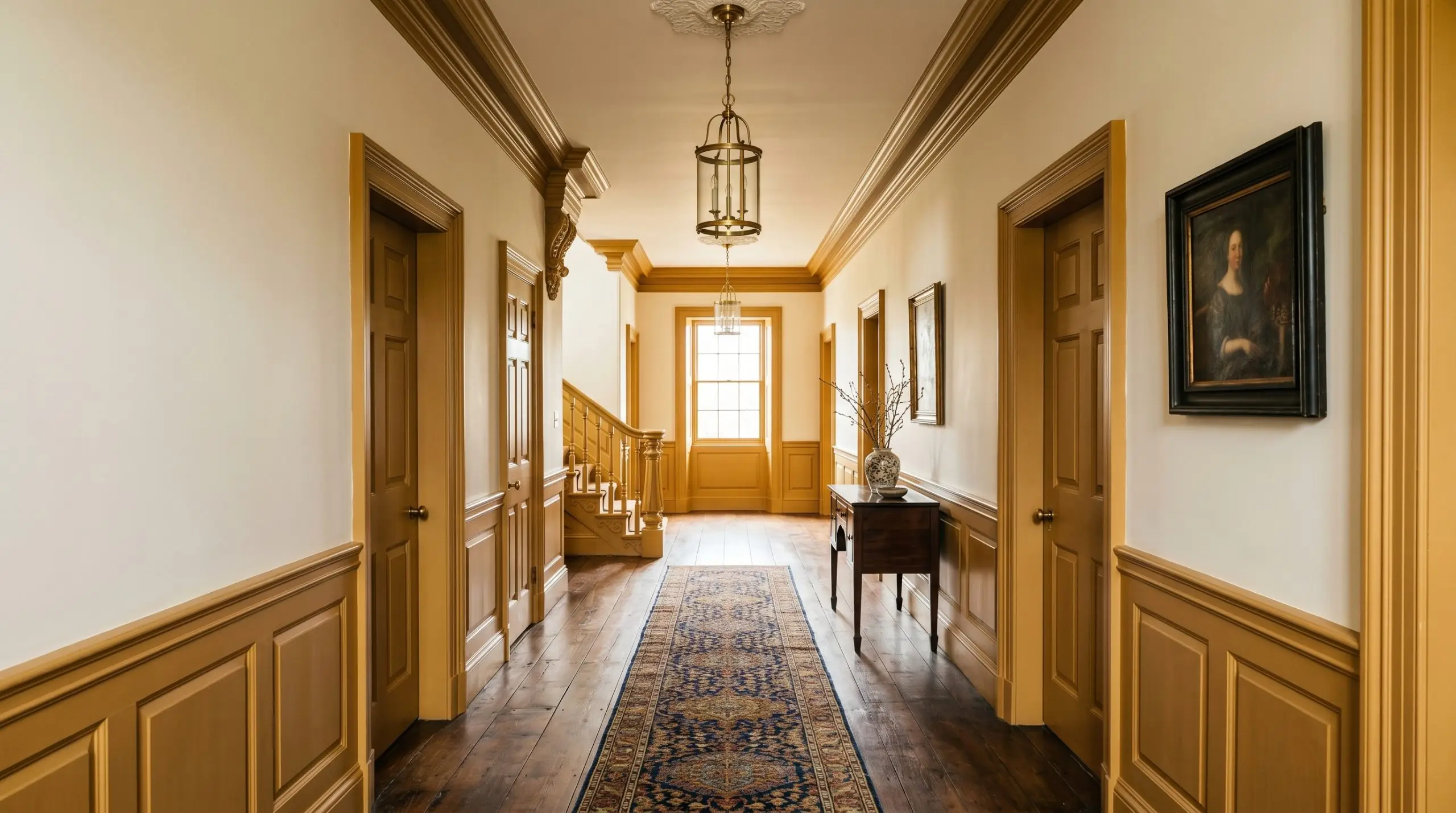 Lower historic wainscoting and heavy crown molding painted in a deep mustard ochre contrast against creamy upper walls in a traditional hallway with aged walnut flooring.