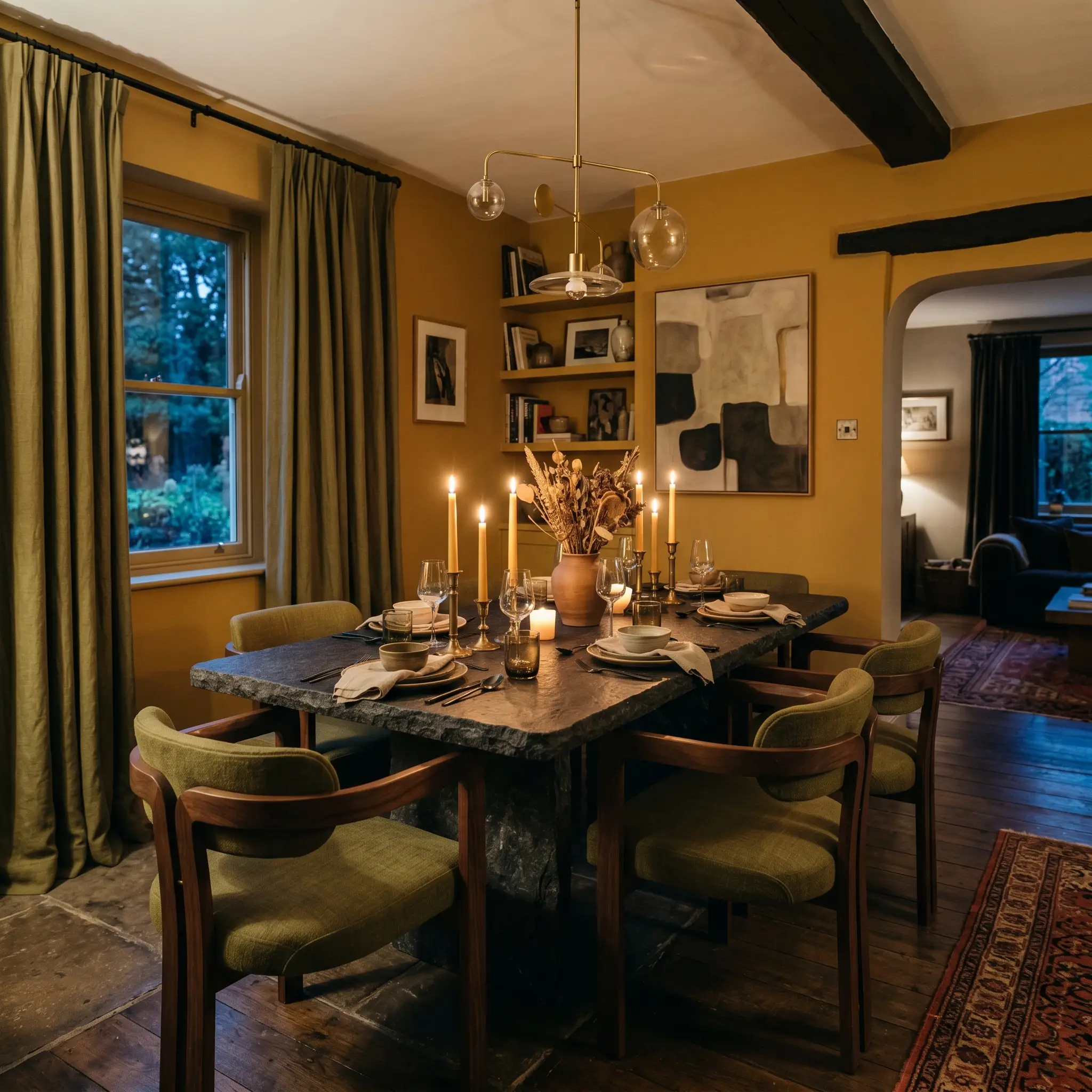 Heavy olive linen drapery and sculptural seating surround a dark stone dining table against deep mustard ochre walls.