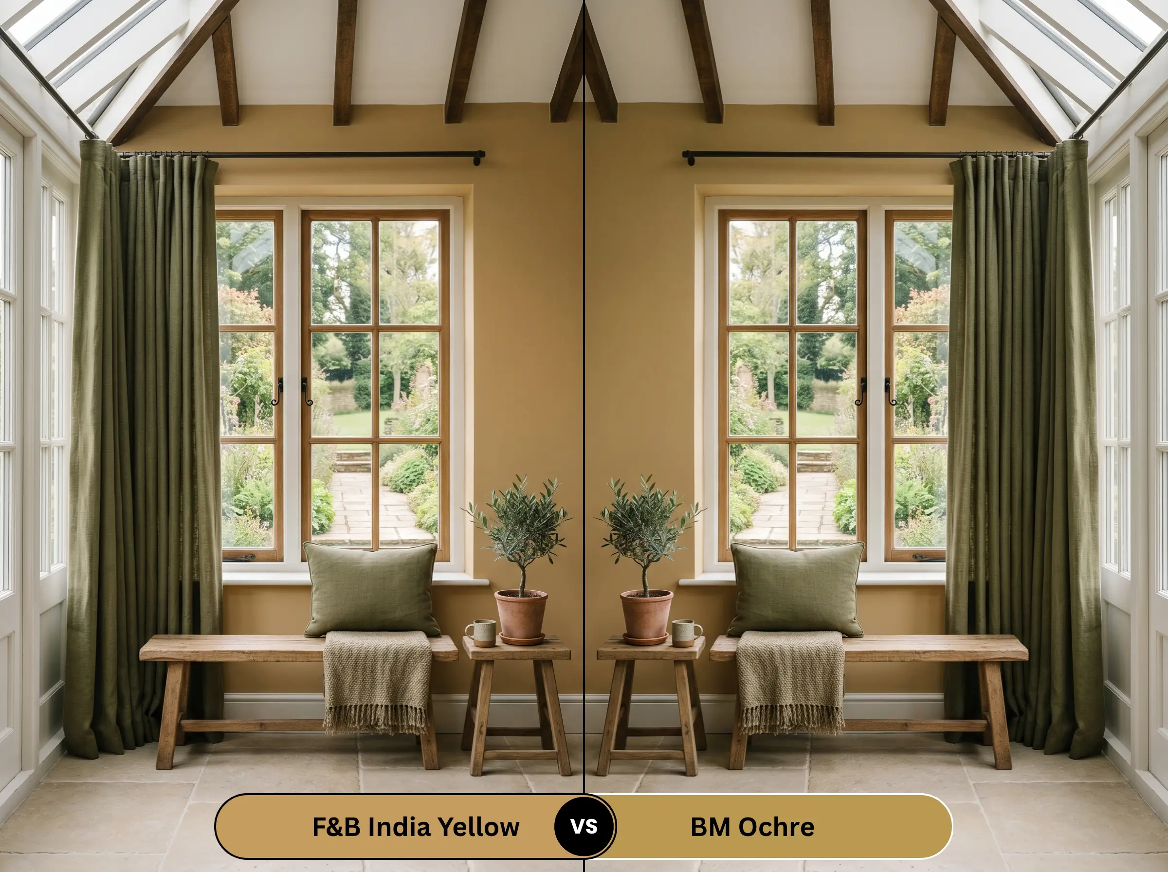 A side-by-side split-screen comparison of Farrow & Ball India Yellow on the left and Benjamin Moore Ochre on the right, shown in an enclosed sunroom featuring heavy olive linen drapery and rustic wooden seating.