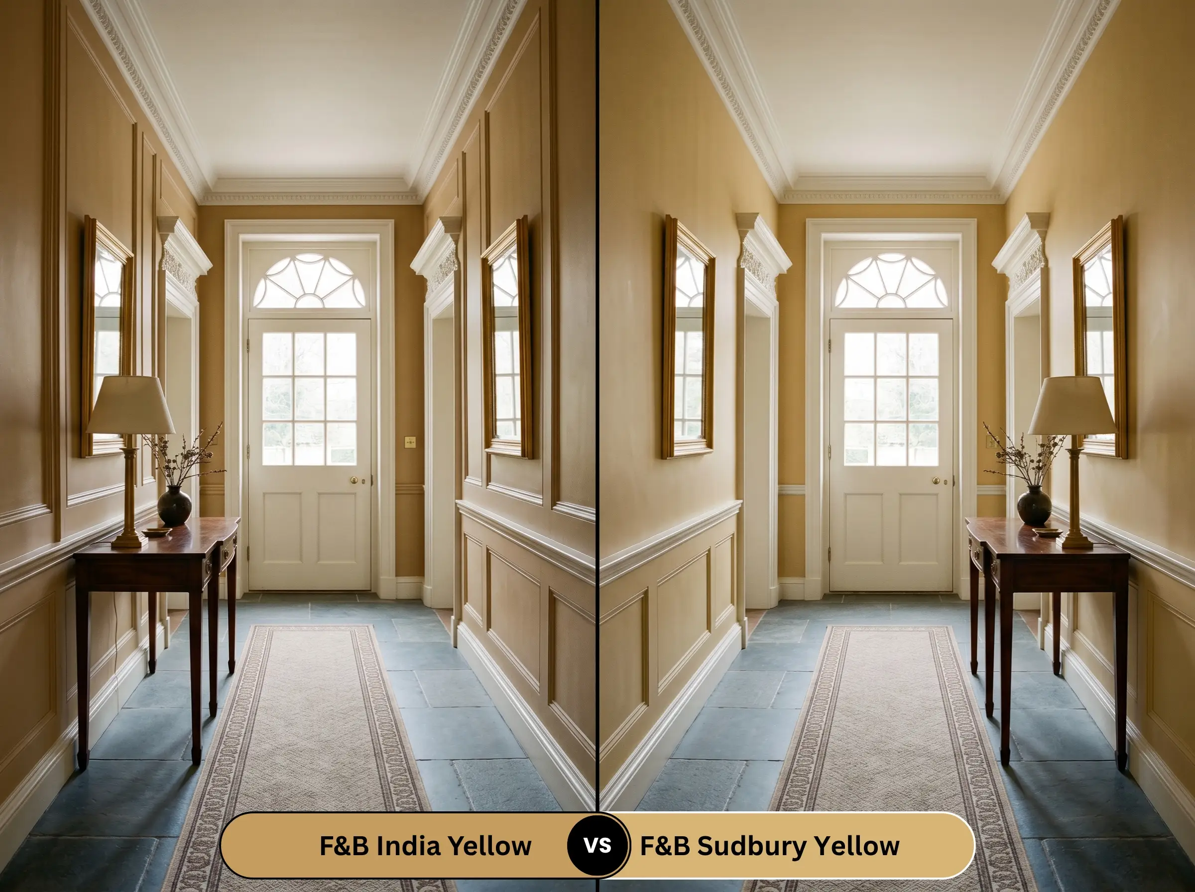A side-by-side split-screen comparison of Farrow & Ball India Yellow on the left and Farrow & Ball Sudbury Yellow on the right, shown in a classic entryway with an antique console table and tumbled bluestone flooring.