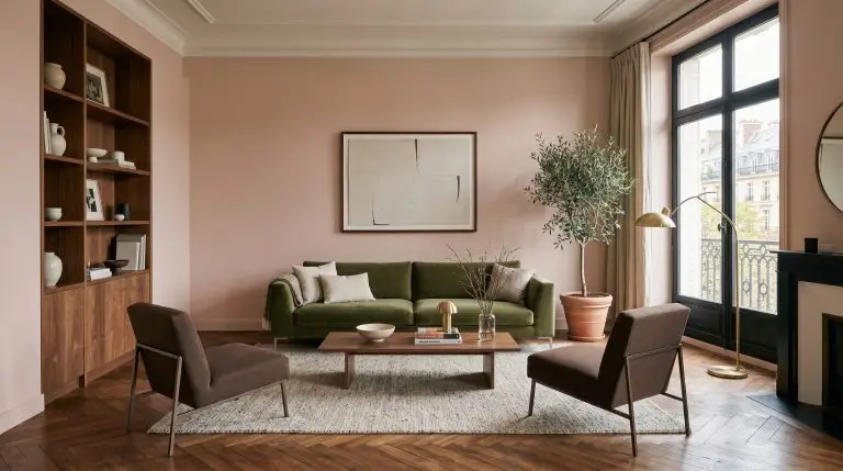 An olive green velvet sofa and muddy chocolate brown accent chairs rest on medium-dark walnut flooring surrounded by sophisticated mid-tone pink walls.