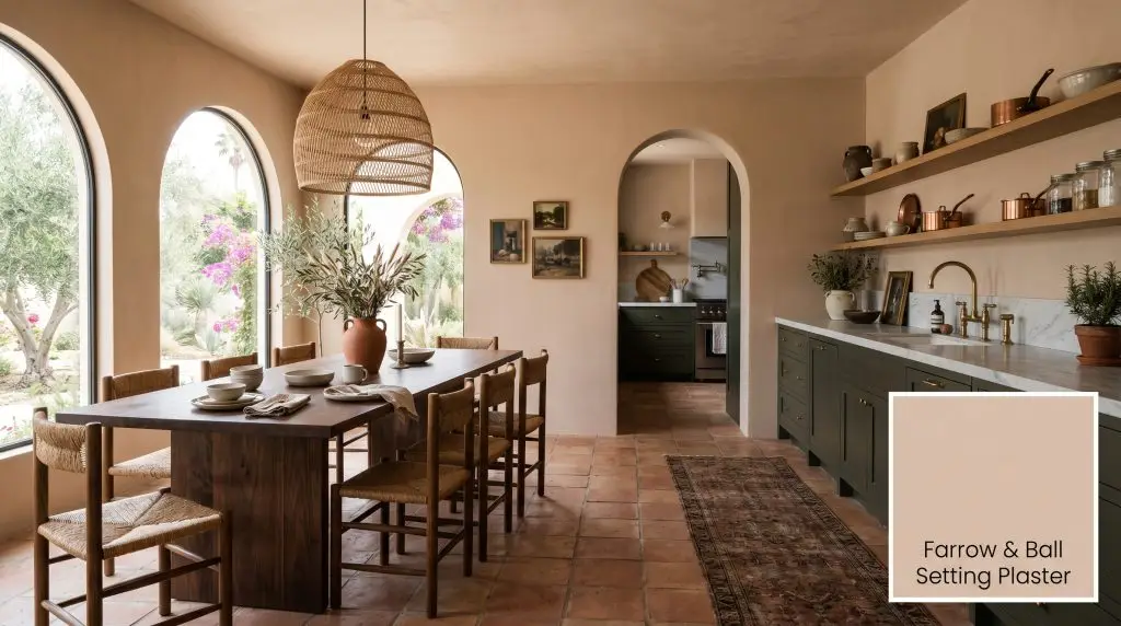 A grand Mediterranean-inspired scullery features dark muddy green lower cabinetry and raw terracotta tiles beneath walls painted in Farrow & Ball Setting Plaster (Hex #d9c0ae).