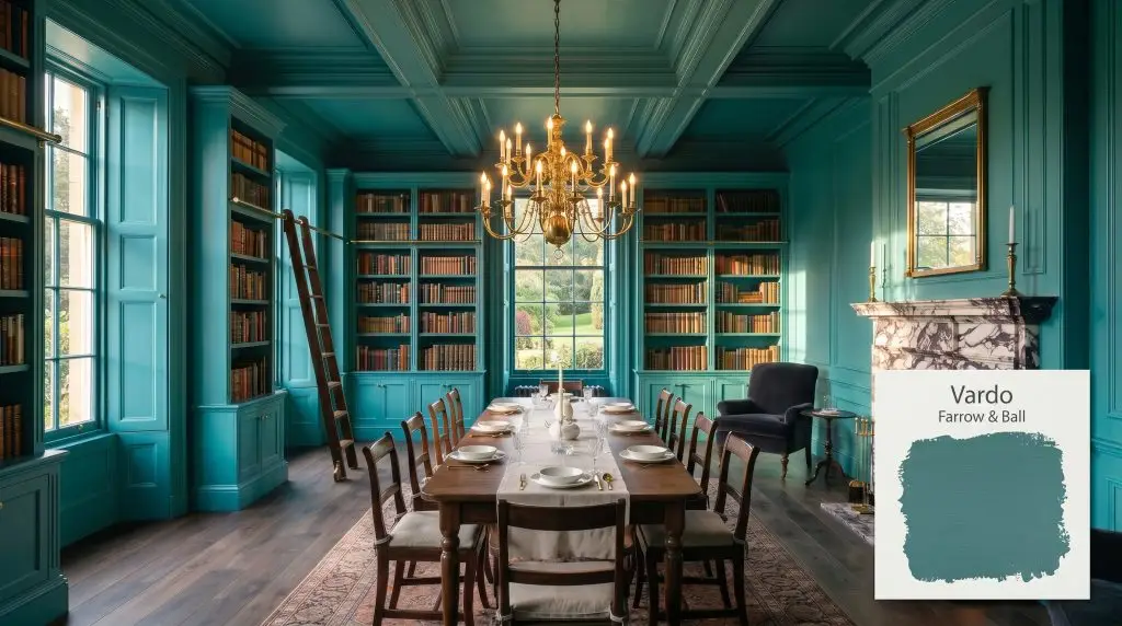 Heavy crown molding and interior doors of a grand library are painted in Farrow & Ball Vardo (Hex #427f83) alongside a Calacatta Viola marble fireplace.