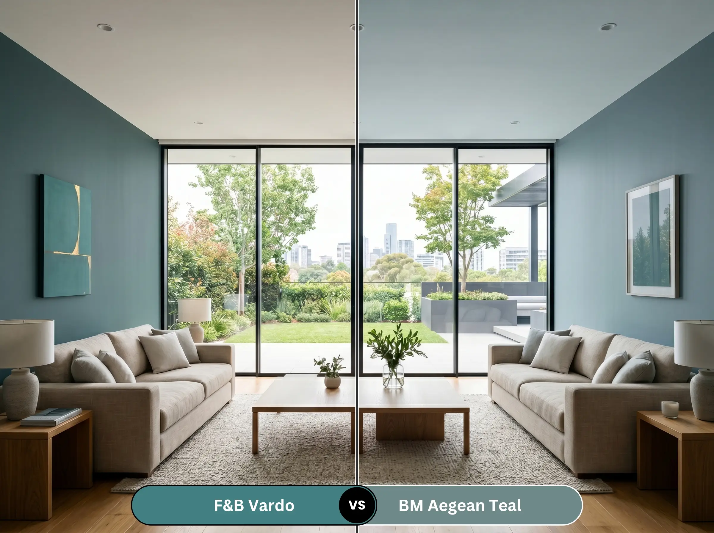 A side-by-side split-screen comparison of Farrow & Ball Vardo on the left and Benjamin Moore Aegean Teal on the right, shown in a casual living room.