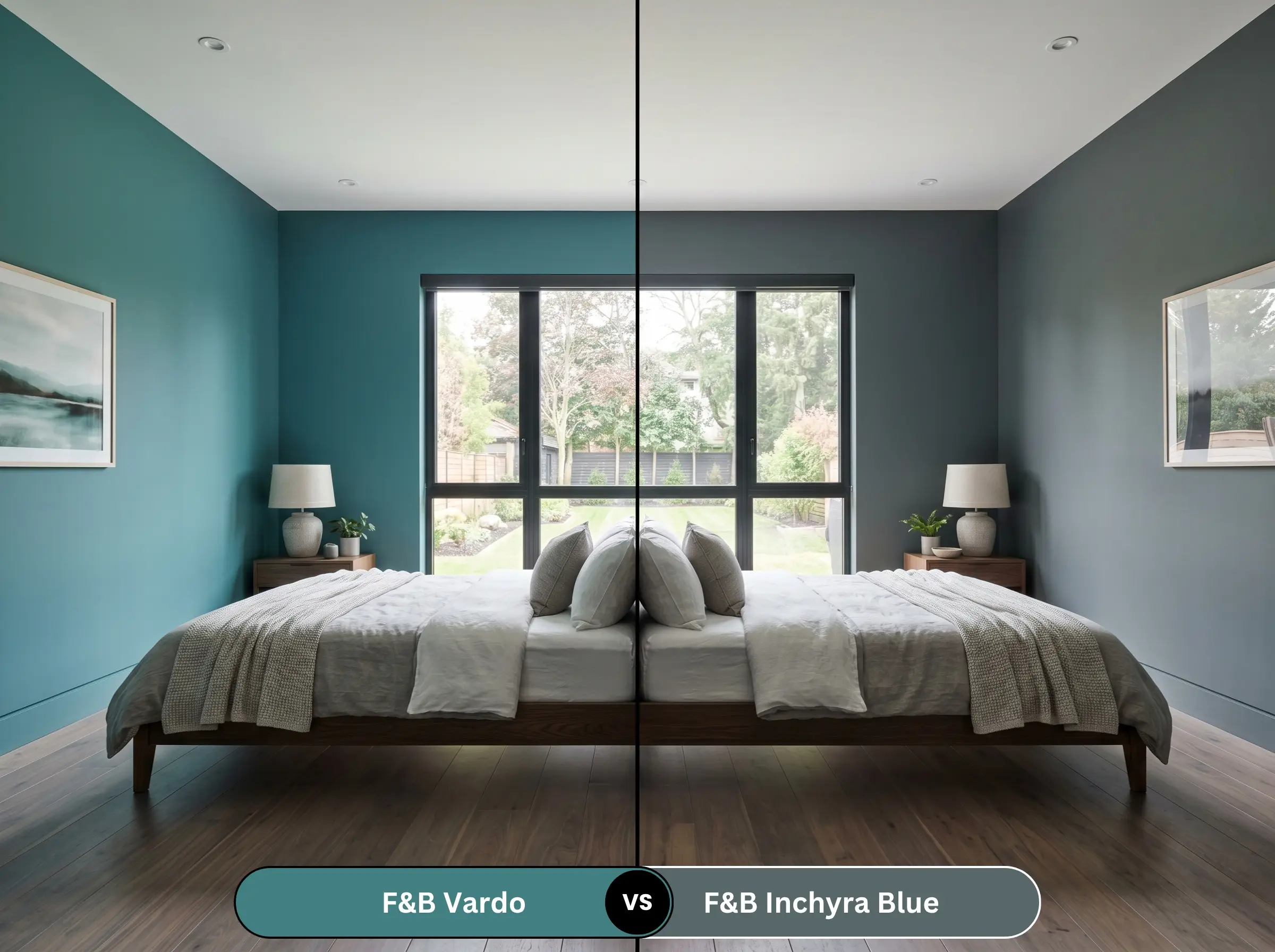 A side-by-side split-screen comparison of Farrow & Ball Vardo on the left and Farrow & Ball Inchyra Blue on the right, shown in a transitional bedroom.