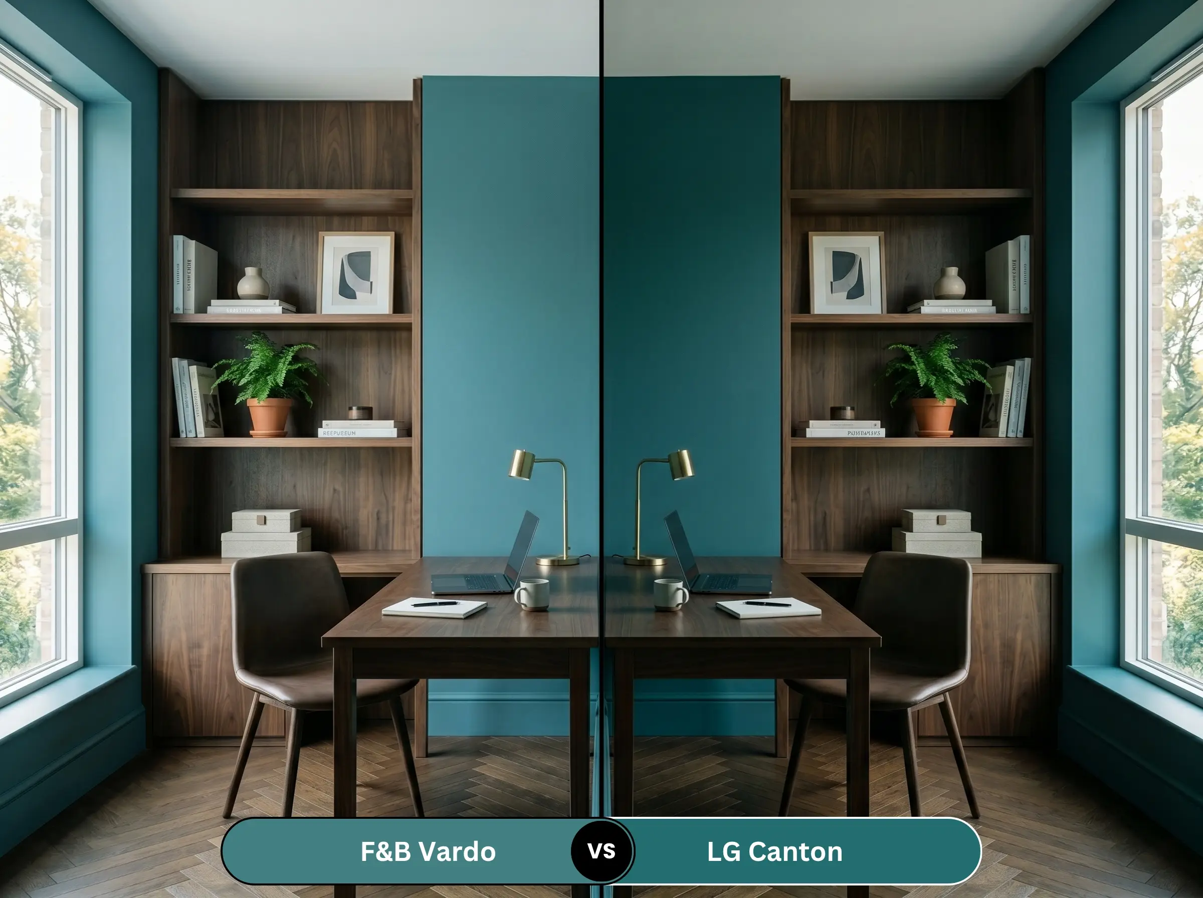A side-by-side split-screen comparison of Farrow & Ball Vardo on the left and Little Greene Canton on the right, shown in a sophisticated home office.