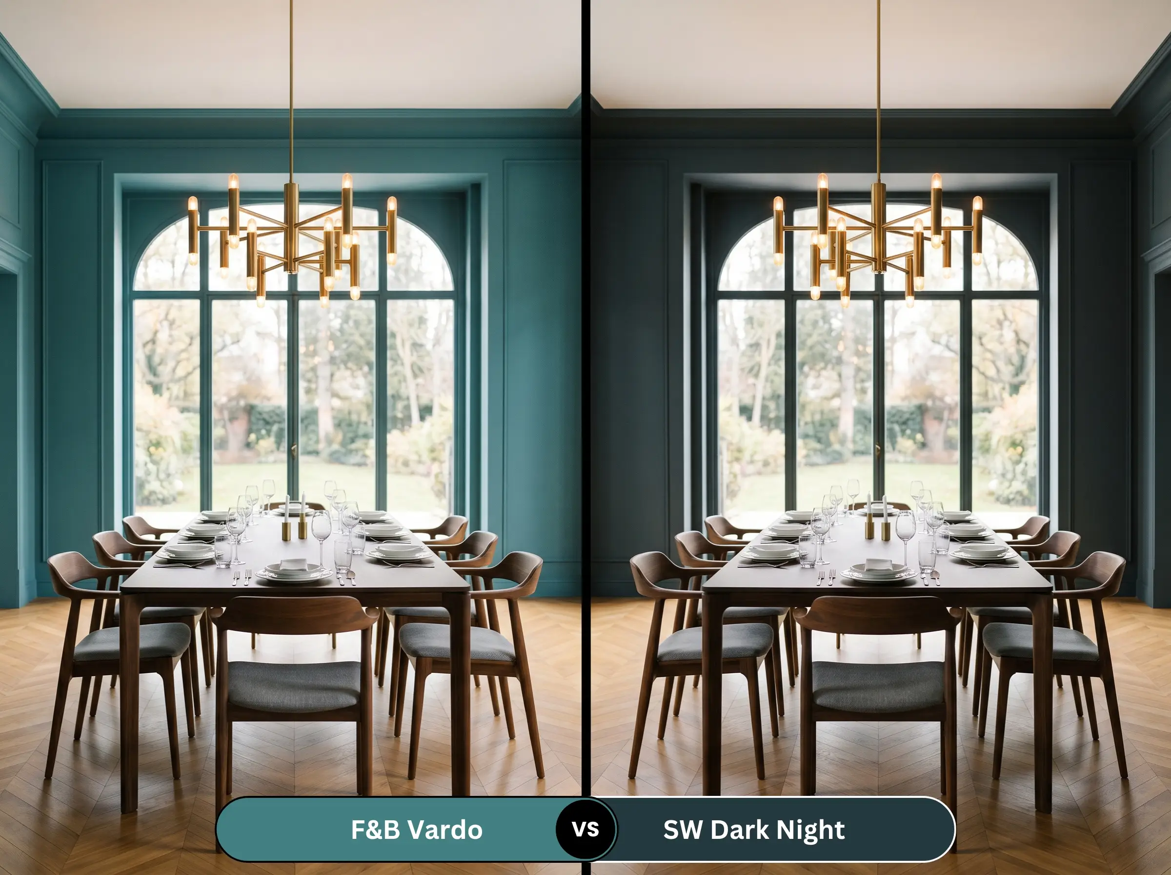 A side-by-side split-screen comparison of Farrow & Ball Vardo on the left and Sherwin-Williams Dark Night on the right, shown in a grand dining room.