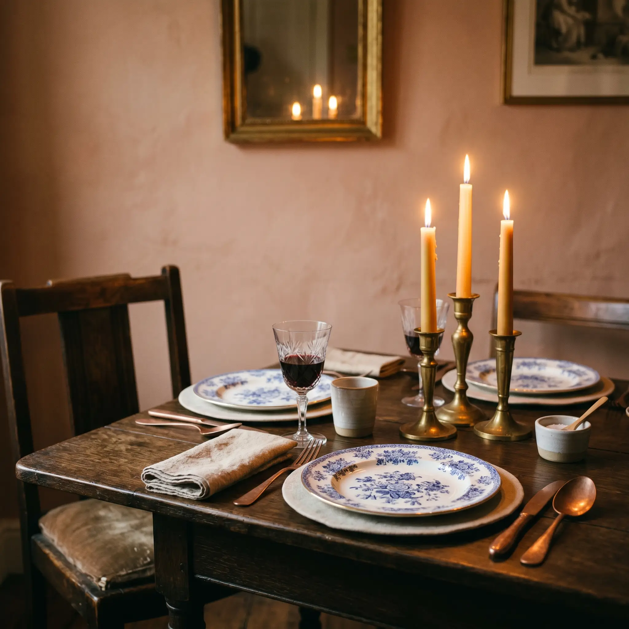 Glowing taper candles illuminate fine china and aged copper cutlery on a dining table set against a warm, earthy pink background.