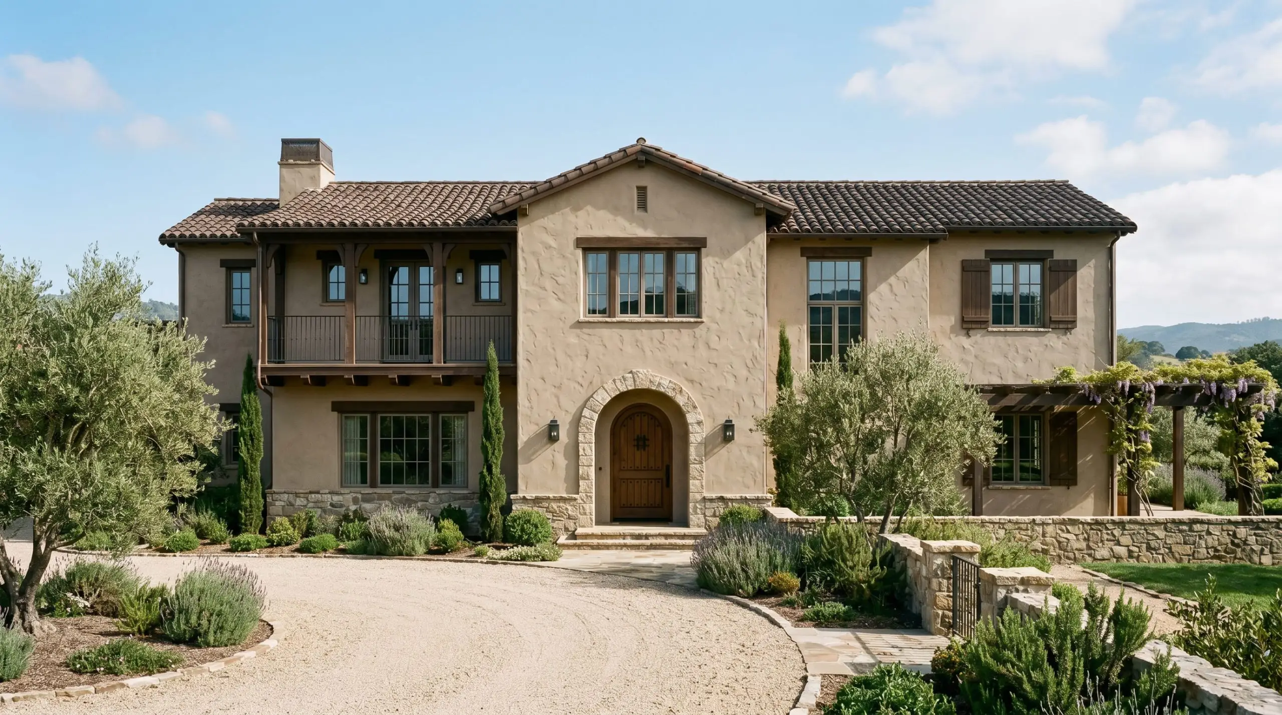 A European-inspired home exterior features a rough stucco facade painted in an earthy mid-tone, accented by dark wood details and classic masonry.