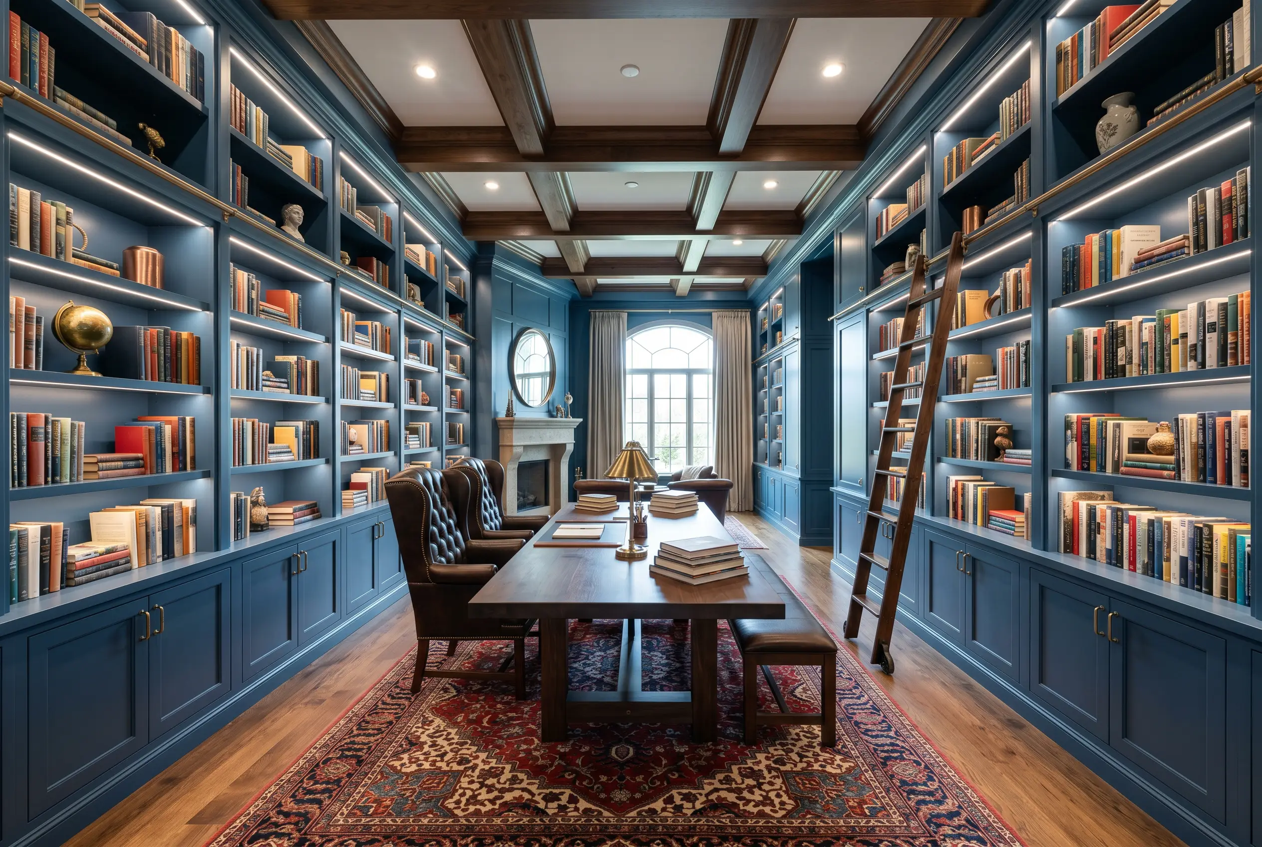 Massive built-in cabinetry drenched in a nautical blue houses curated books and polished copper accents, positioned behind a deep matte walnut reading table.