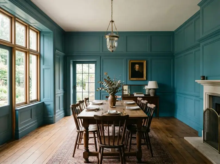 Floor-to-ceiling wainscoting painted in a rich dead flat teal contrasts against a soft greige upper wall in a traditional historic dining room.