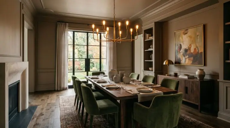 A low-hanging unlacquered brass chandelier illuminates a warm walnut dining table, velvet chairs, and walls color-drenched in Behr Curtain Call (Hex #70666A).