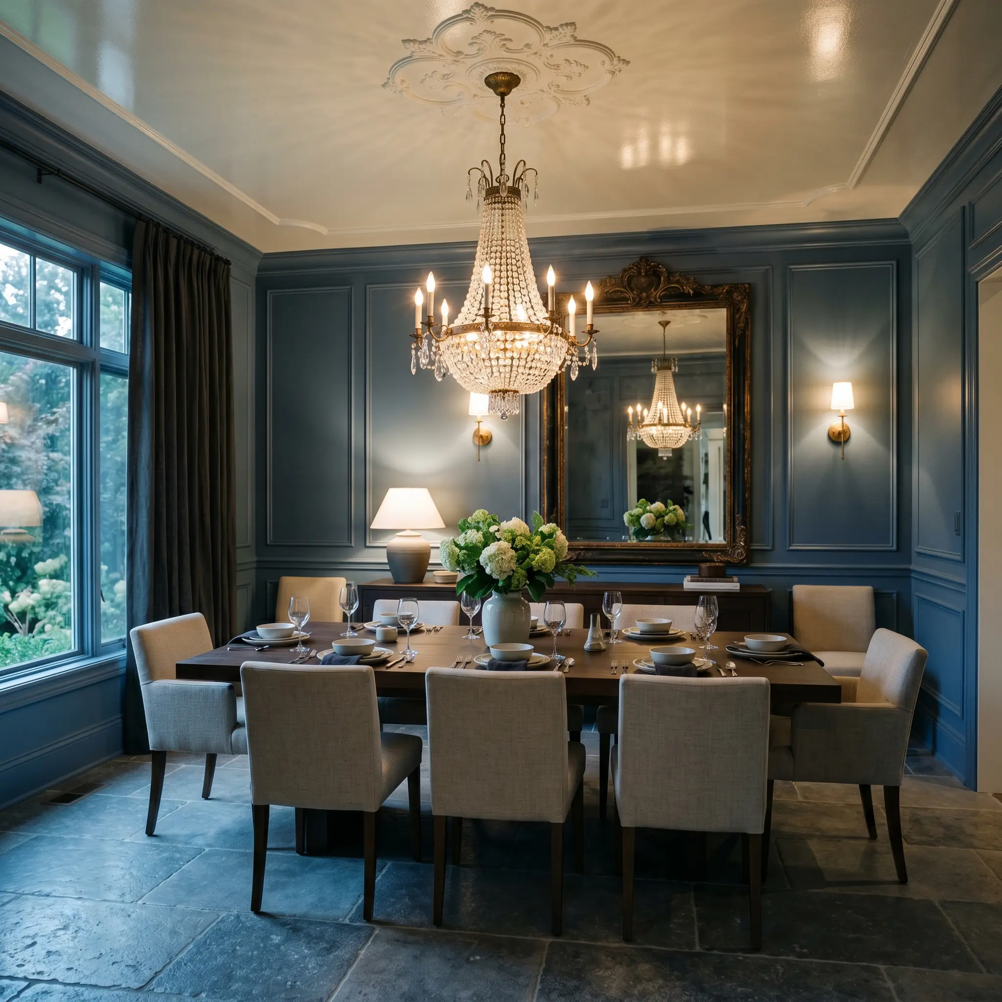 Tumbled Belgian bluestone flooring and a deep matte walnut table anchor a formal dining room painted in Benjamin Moore Newburyport Blue (Hex #465566).