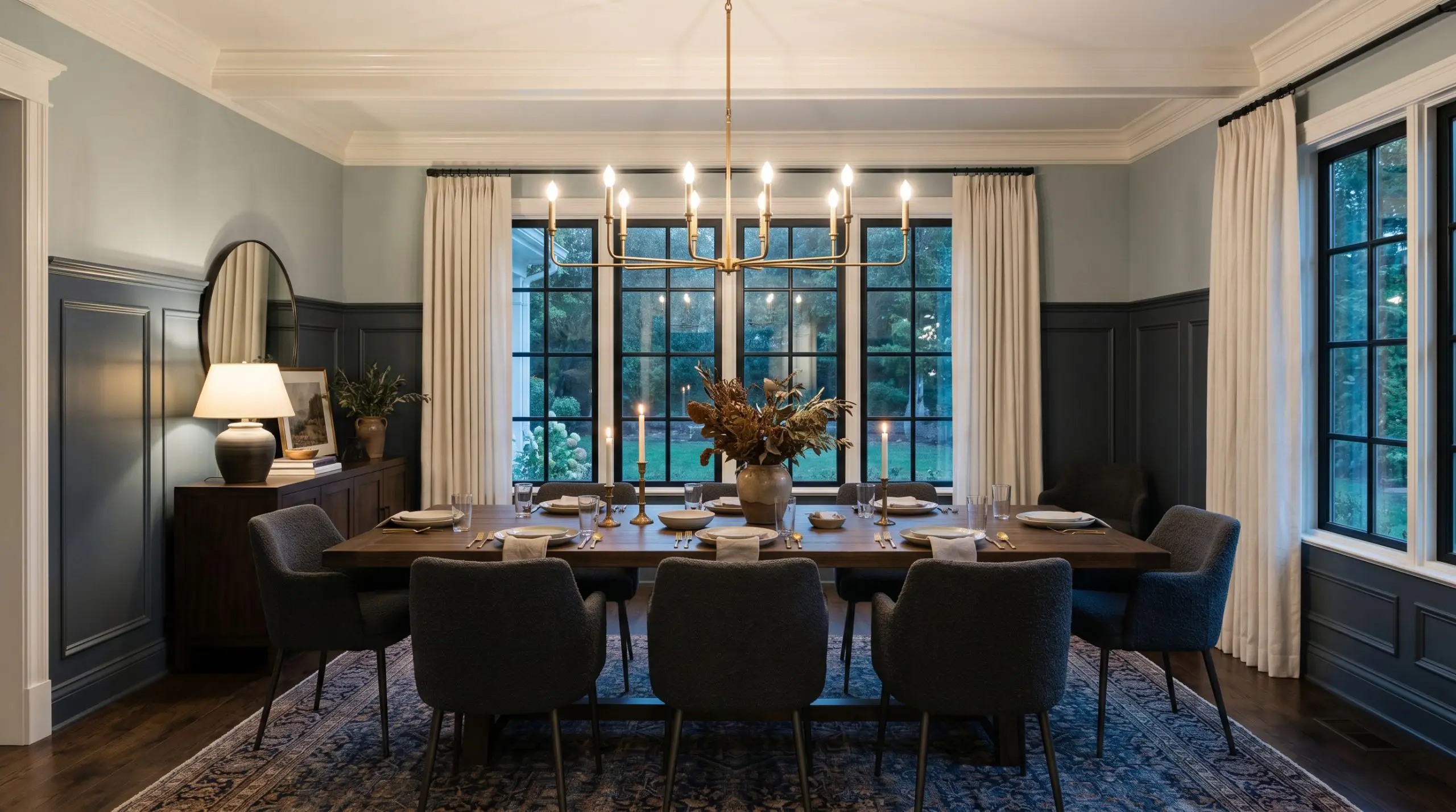 Traditional lower wainscoting painted in Benjamin Moore Deep Space grounds a formal dining room featuring a dark oak table and heavy charcoal bouclé chairs.