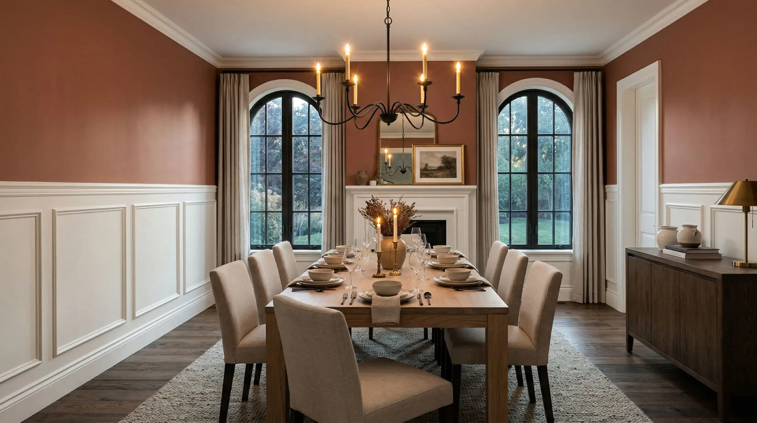 Crisp white wainscoting sits below upper walls painted Terra Cotta Urn (Hex #b06f60) in a formal dining room featuring a natural white oak table.