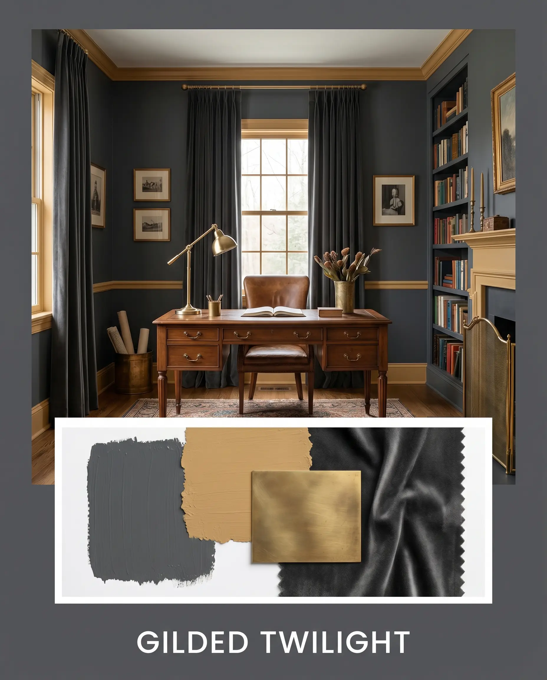An opulent traditional study room shot sits above a flat-lay containing unlacquered brass samples, heavy charcoal velvet fabric, and rich yellow trim accents.