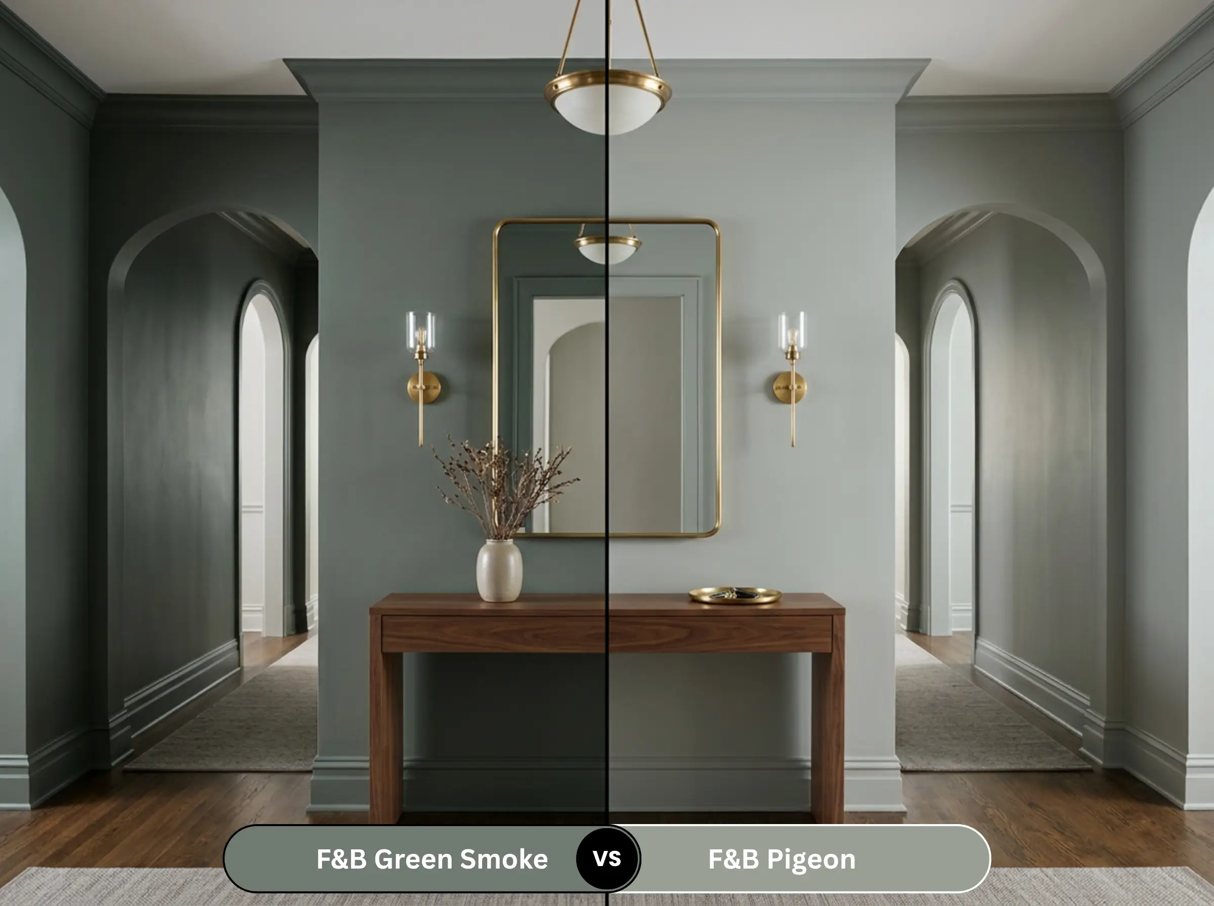 A bisected transitional entryway contrasts the dark historic green of Farrow & Ball Green Smoke against the lighter gray-blue walls of Farrow & Ball Pigeon.