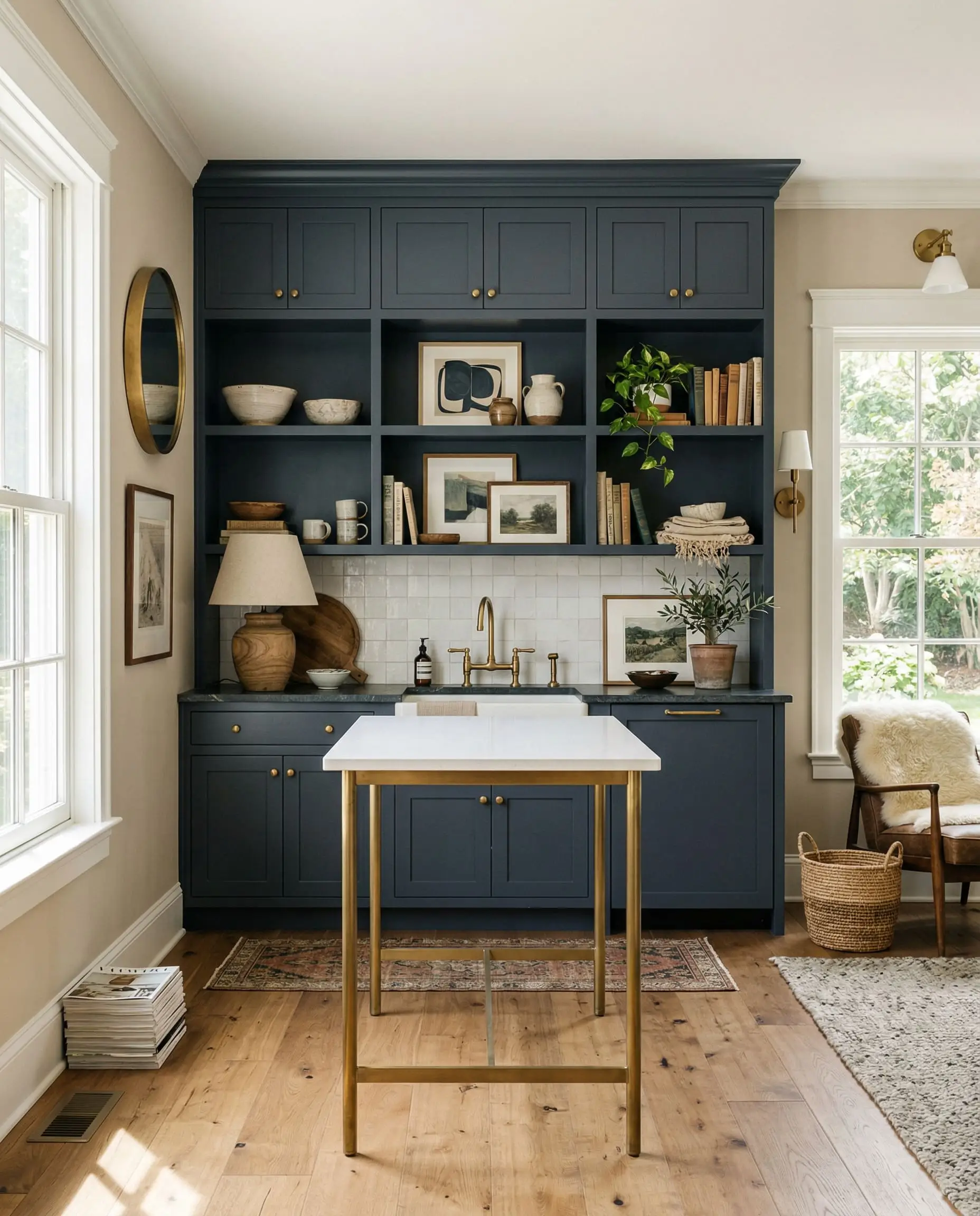 Warm natural daylighting washes over a sophisticated living area featuring deep navy built-in cabinetry accented with unlacquered brass fixtures and crisp white trim.