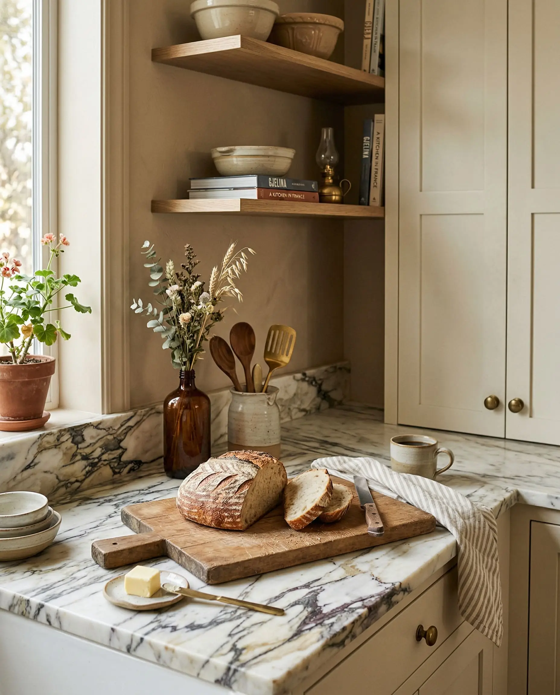 Soft morning light falls across creamy off-white cabinets, a heavily veined stone counter, a wooden cutting board, and fresh bread in a cozy kitchen.