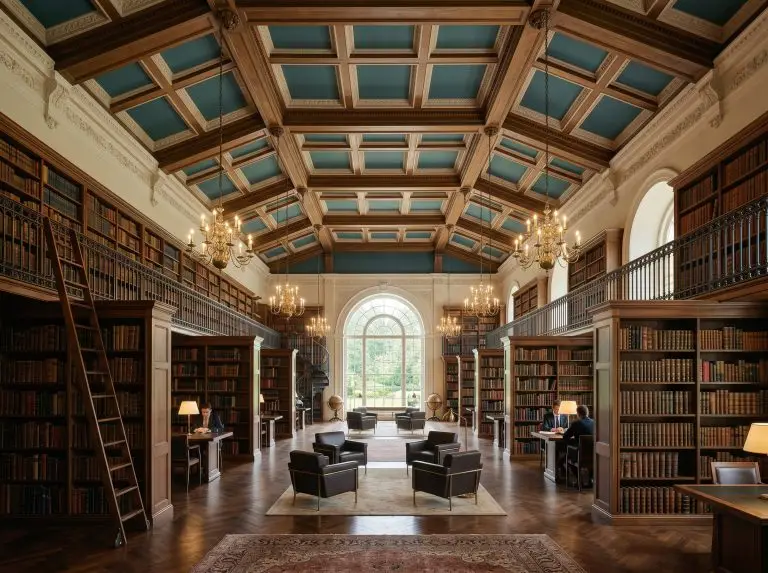 Heavy coffered ceilings painted in a deep jewel tone cap a grand library featuring soft off-white walls and warm ambient lighting.