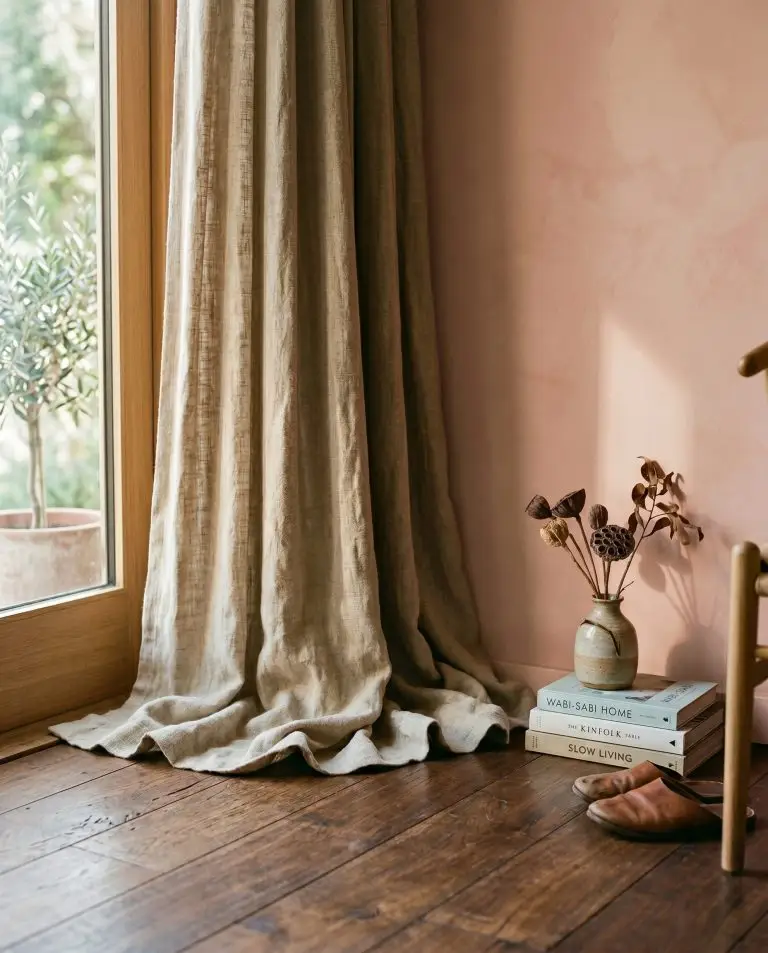 Heavy linen drapery pools elegantly onto medium-dark walnut flooring beside a muted red-orange pink wall in a minimalist, organic modern setting.