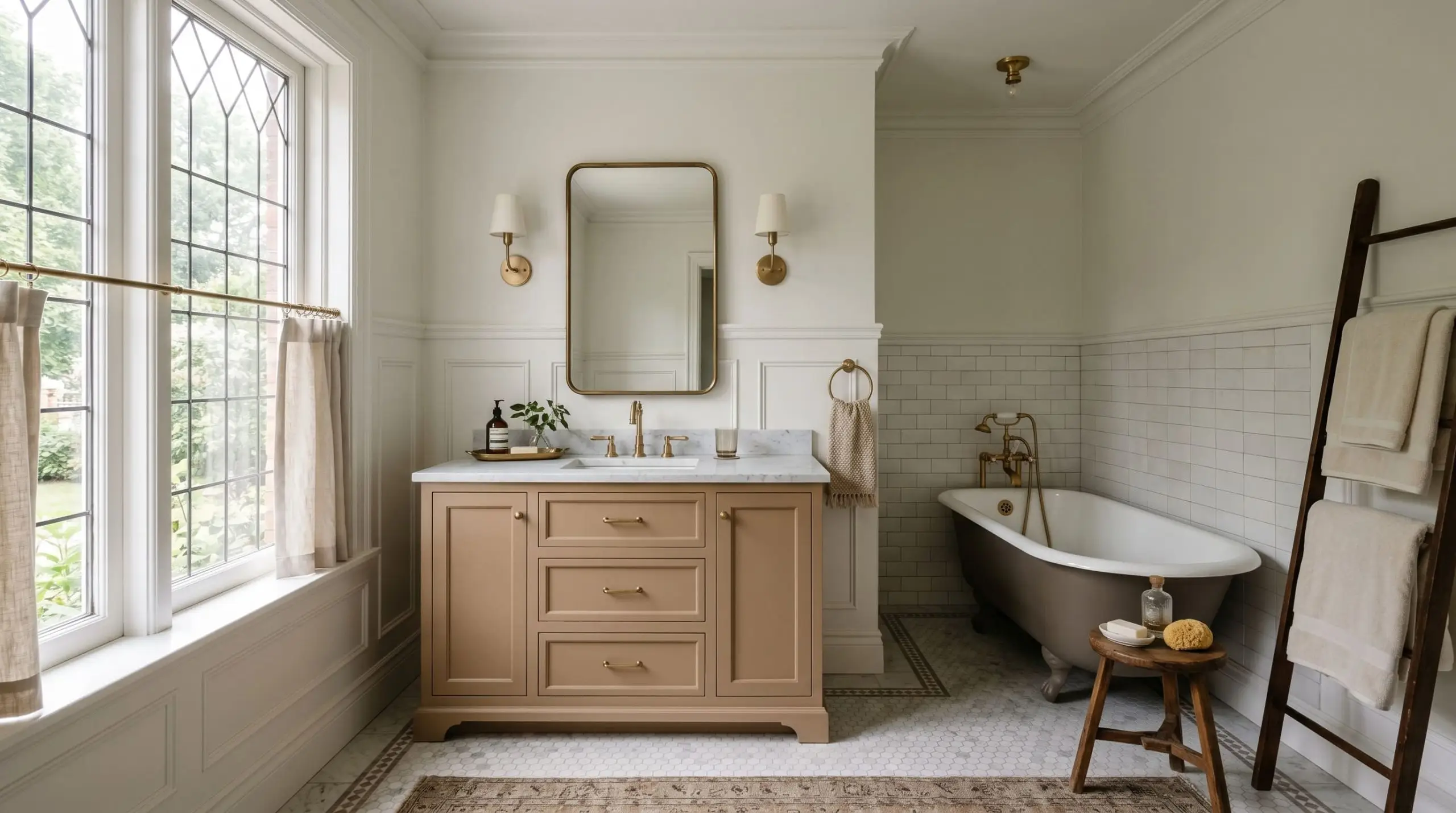Soft diffused daylight highlights unlacquered brass hardware and cream linen towels surrounding a custom vanity painted in a rich mid-tone beige.