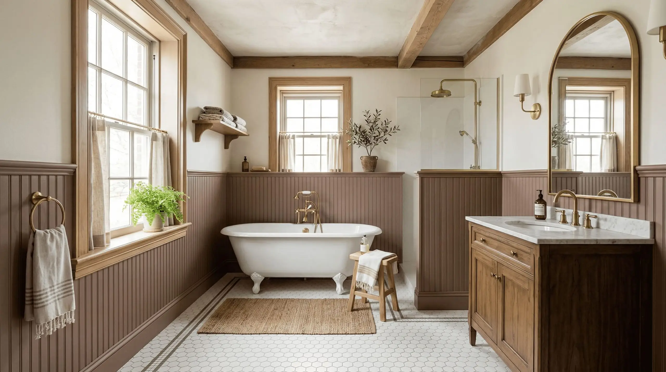 A heritage bathroom features lower-wall beadboard wainscoting painted in Sherwin-Williams Mulberry Silk (Hex #94766C), accompanied by a classic clawfoot tub and vintage hex-tile floor.