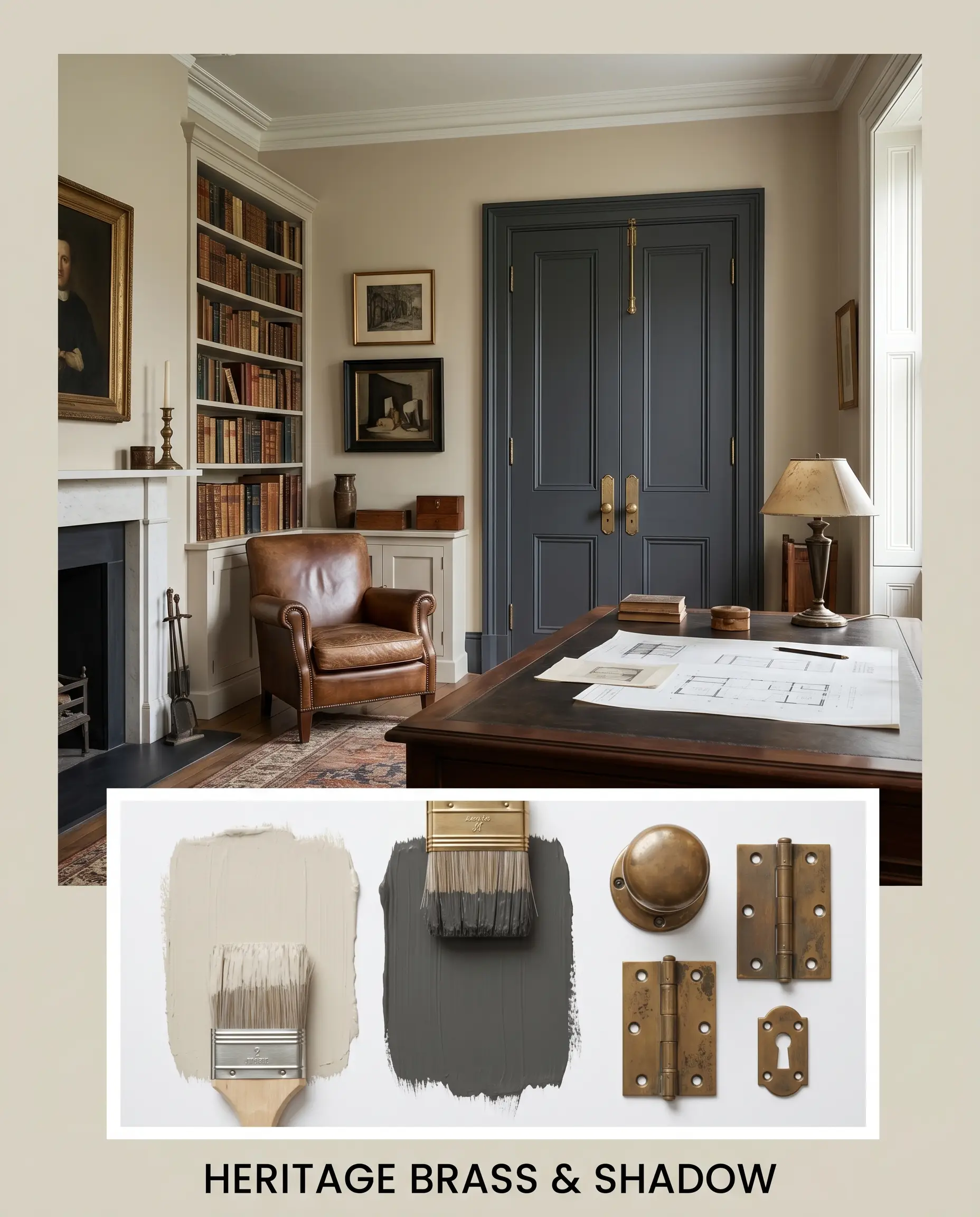 A mood board titled HERITAGE BRASS & SHADOW displays a historic study with deep charcoal-navy doors and an inset flat-lay of unlacquered brass hardware against a cool gray background.