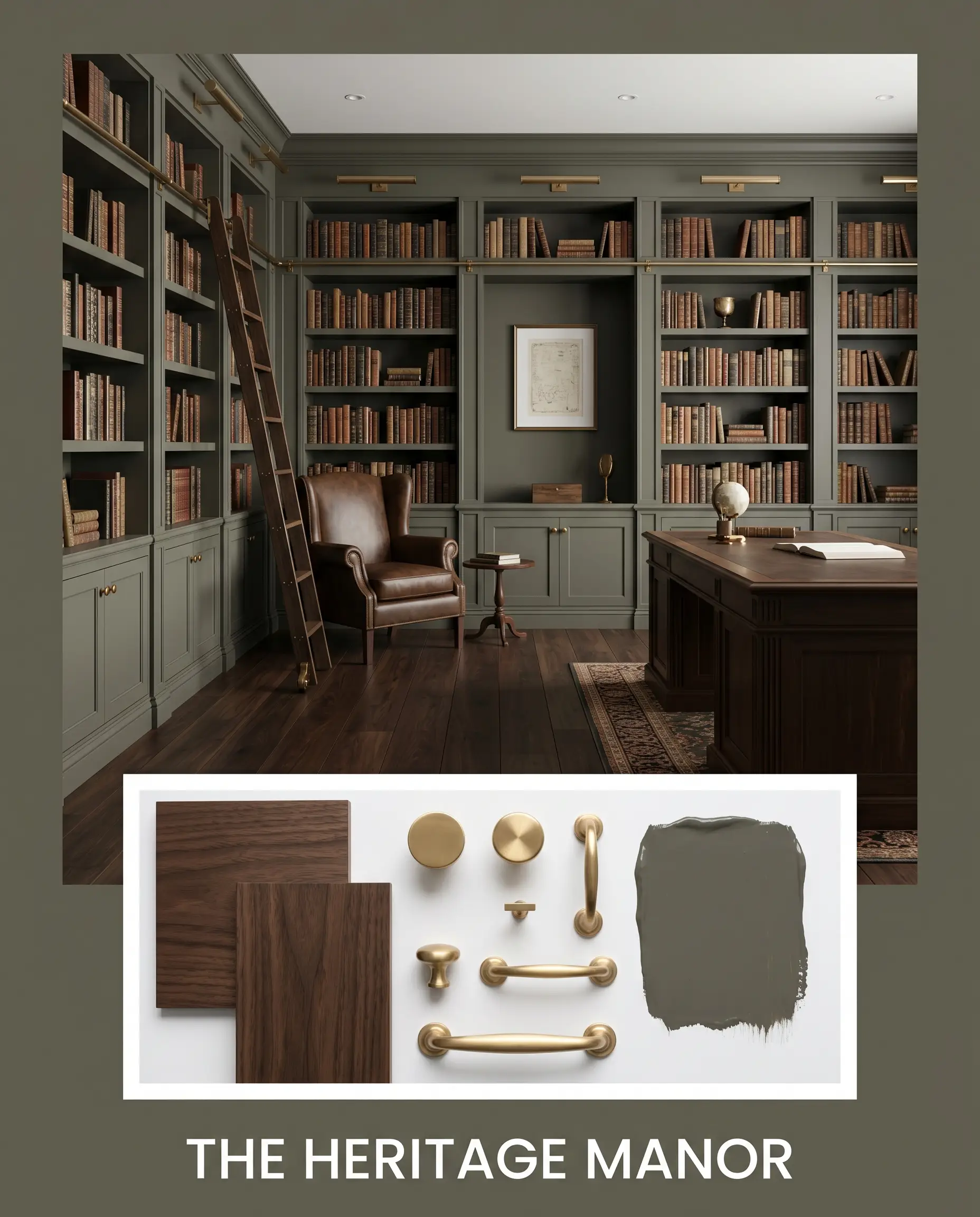 An editorial interior design mood board displays a grand library painted in dark muddy green, paired with a flat-lay of dark walnut wood swatches and unlacquered brass hardware.