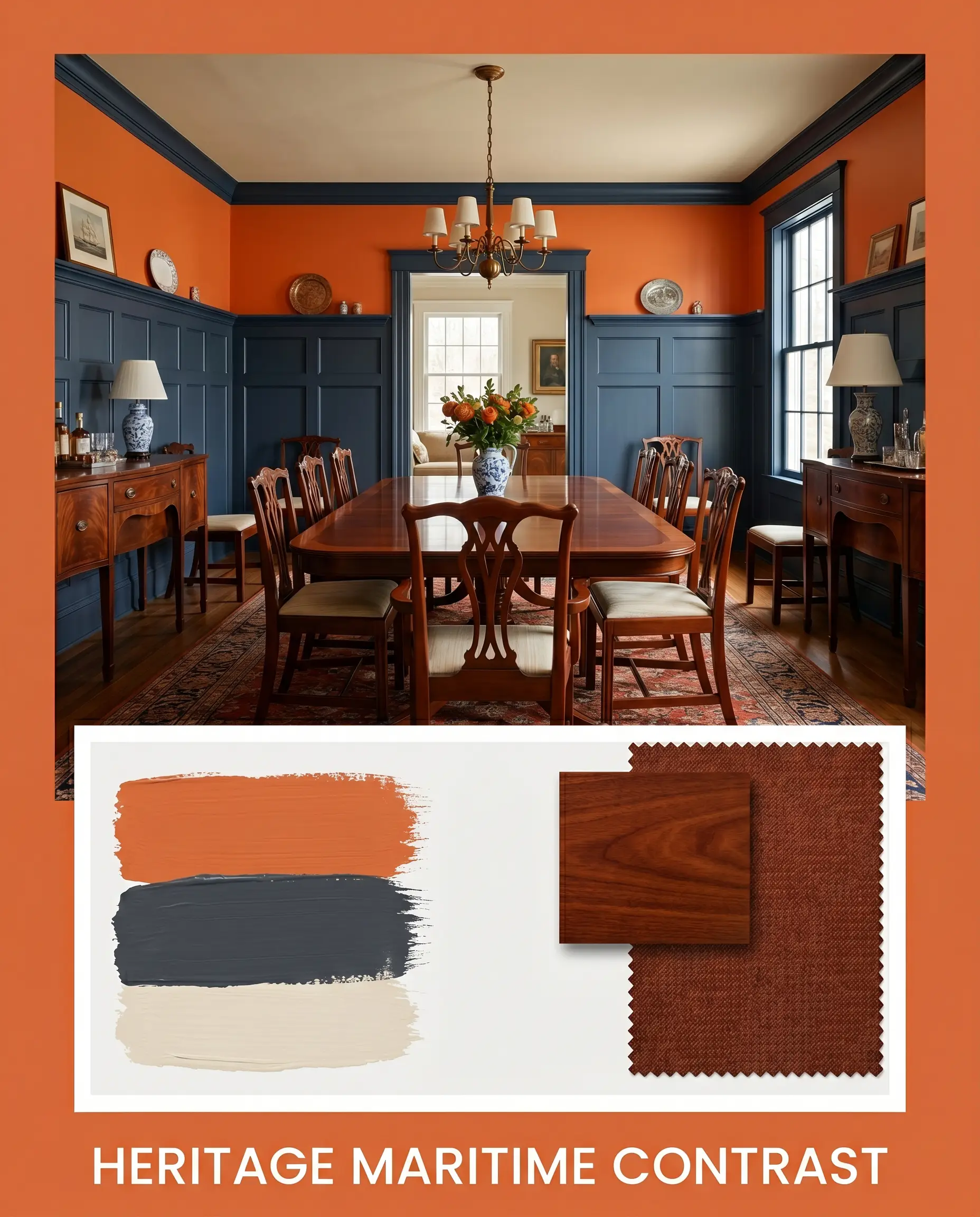 An editorial layout titled HERITAGE MARITIME CONTRAST features polished mahogany furniture against deeply saturated navy wainscoting and vivid Sherwin-Williams Knockout Orange (Hex #E16F3E) upper walls.