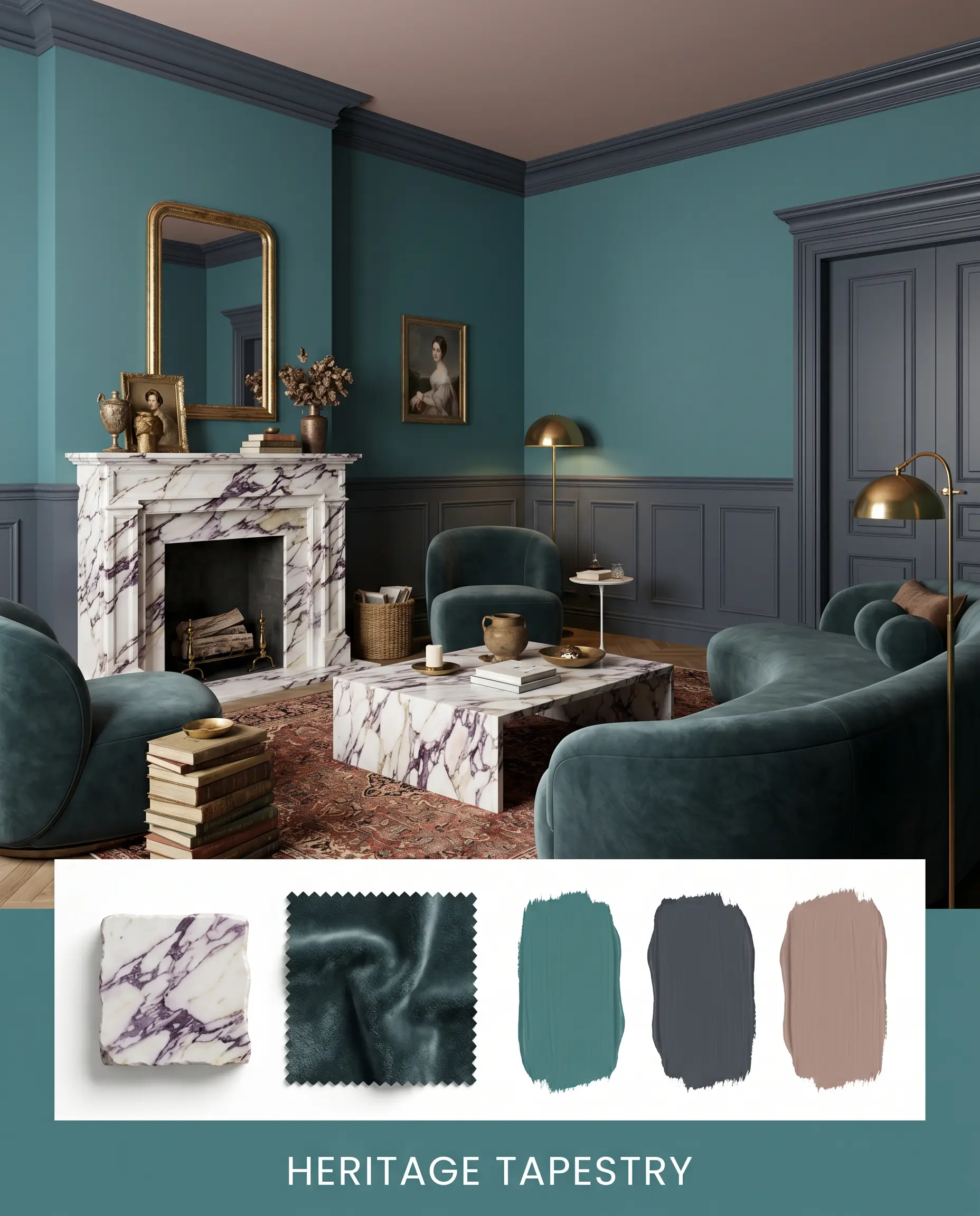 An editorial concept board titled HERITAGE TAPESTRY displays a historically rooted living room above physical material swatches of Calacatta Viola marble and deep mohair velvet.