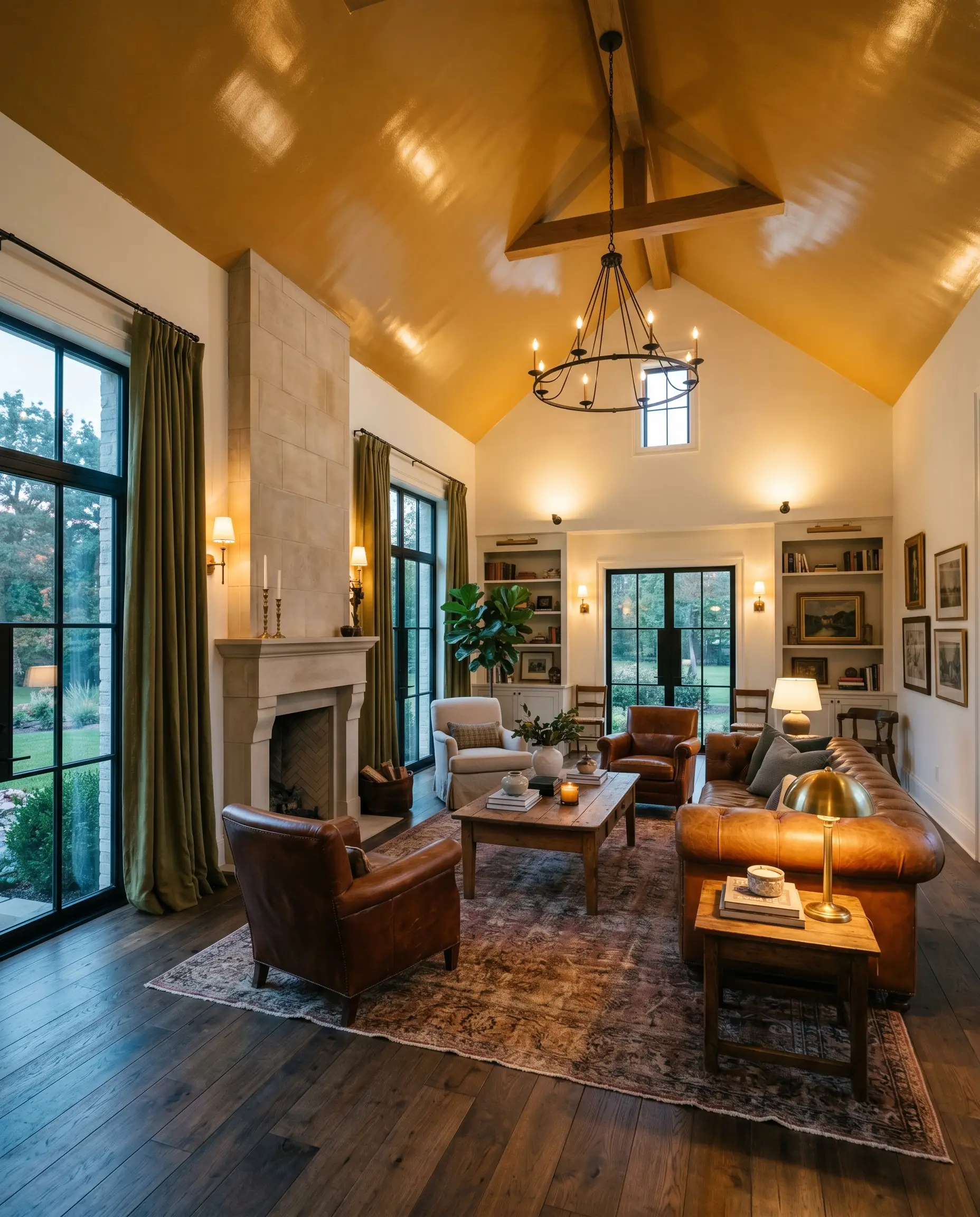 A soaring living room ceiling painted in a high-gloss finish of Farrow & Ball India Yellow reflects warm ambient lamplight above heavy olive linen drapery and rich leather seating.
