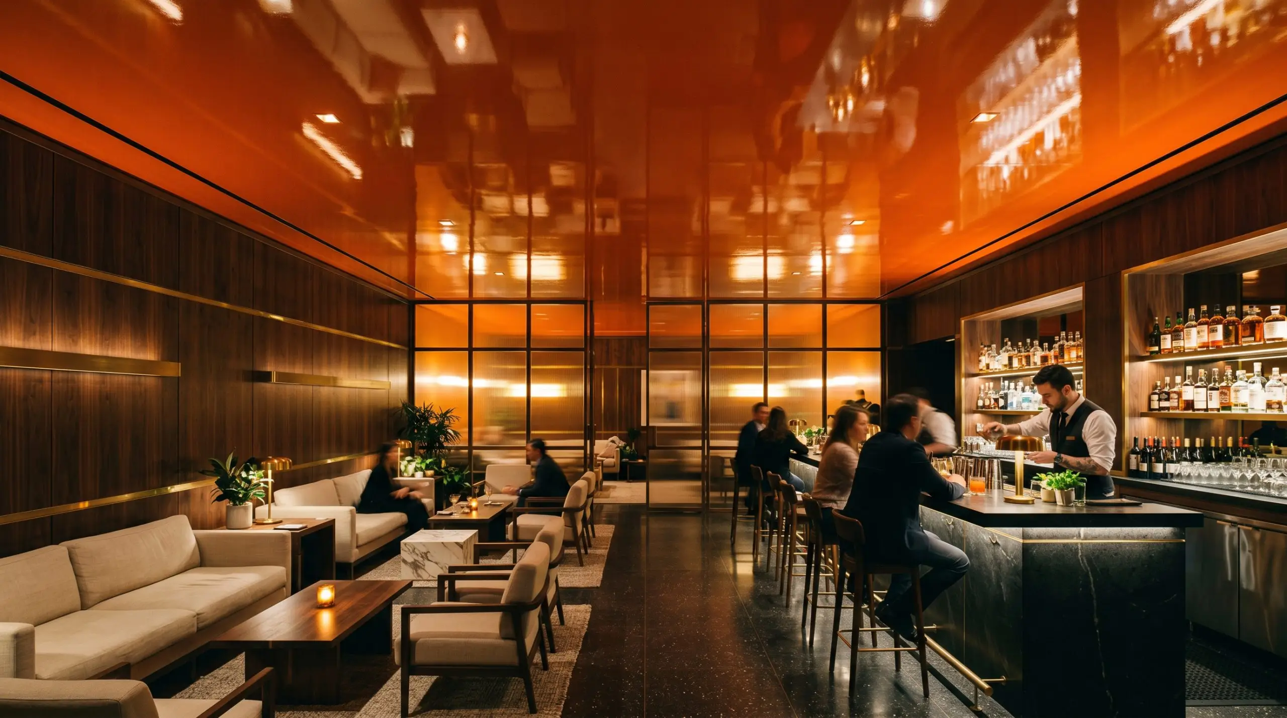 Unbleached oat Belgian linen seating and ribbed amber glass partitions sit beneath a brilliant high-gloss lacquered Sherwin-Williams Knockout Orange (Hex #E16F3E) ceiling canopy.