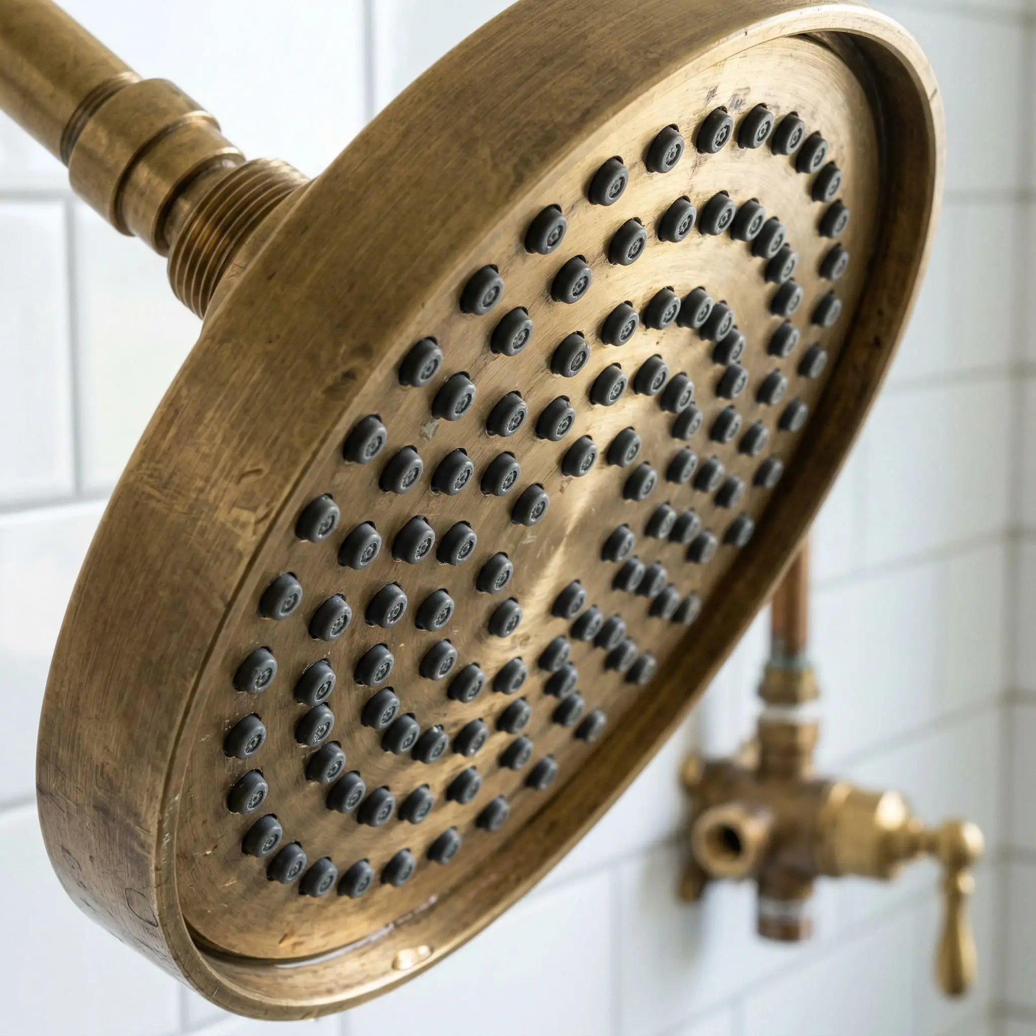 Macro view of a thick solid-metal brass rain showerhead with silicone nozzles against blurred white subway tile.