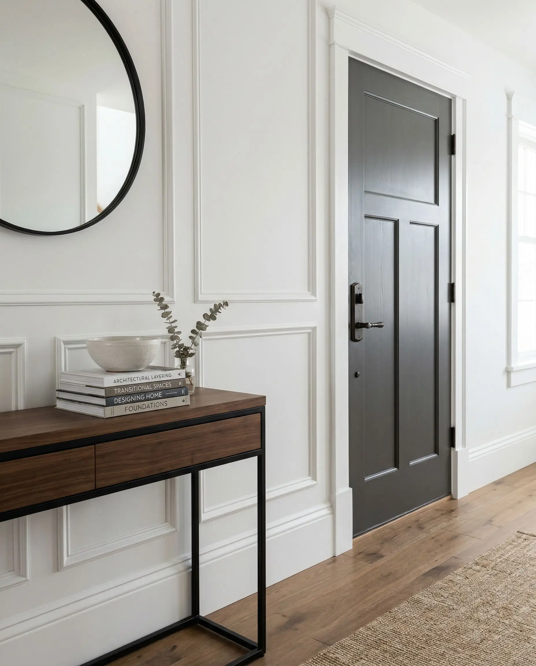 Transitional entryway showcasing structural layering with thick baseboards, white picture frame molding, and a solid-core interior door.