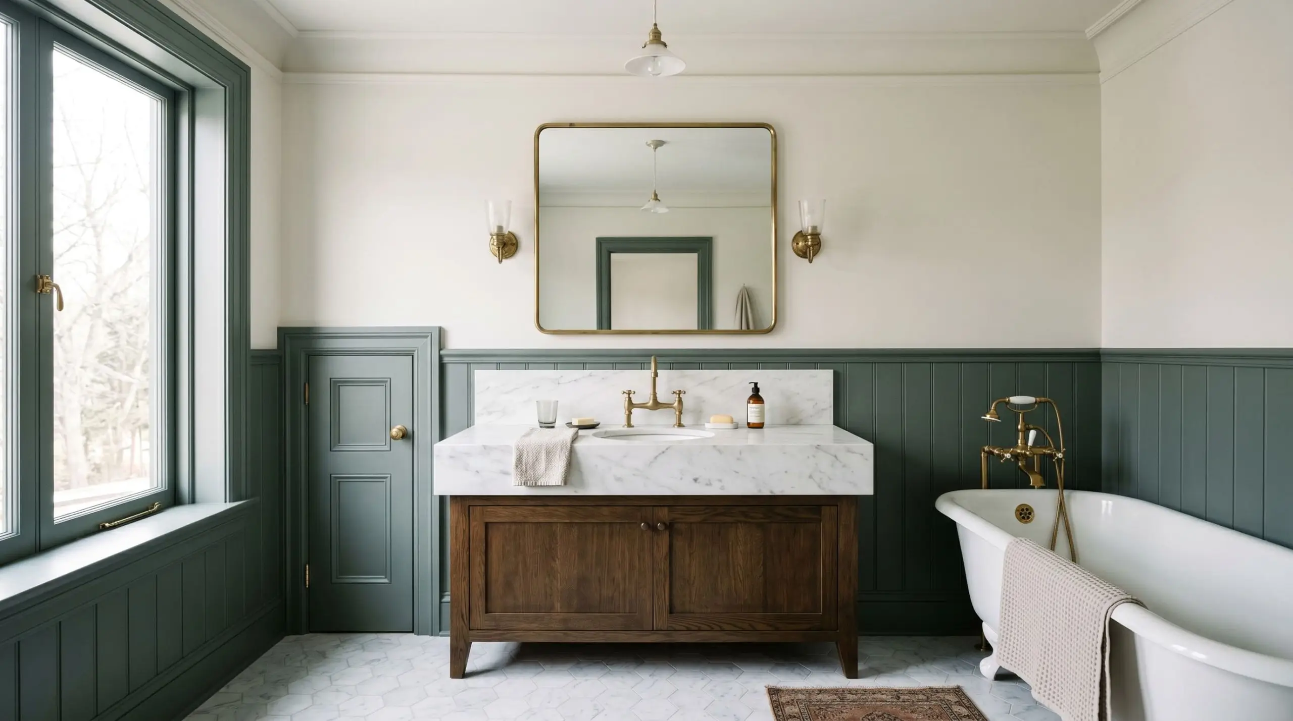 Traditional bathroom wainscoting painted in a smoky jade hue grounds a Calacatta marble vanity top and unlacquered brass plumbing fixtures.