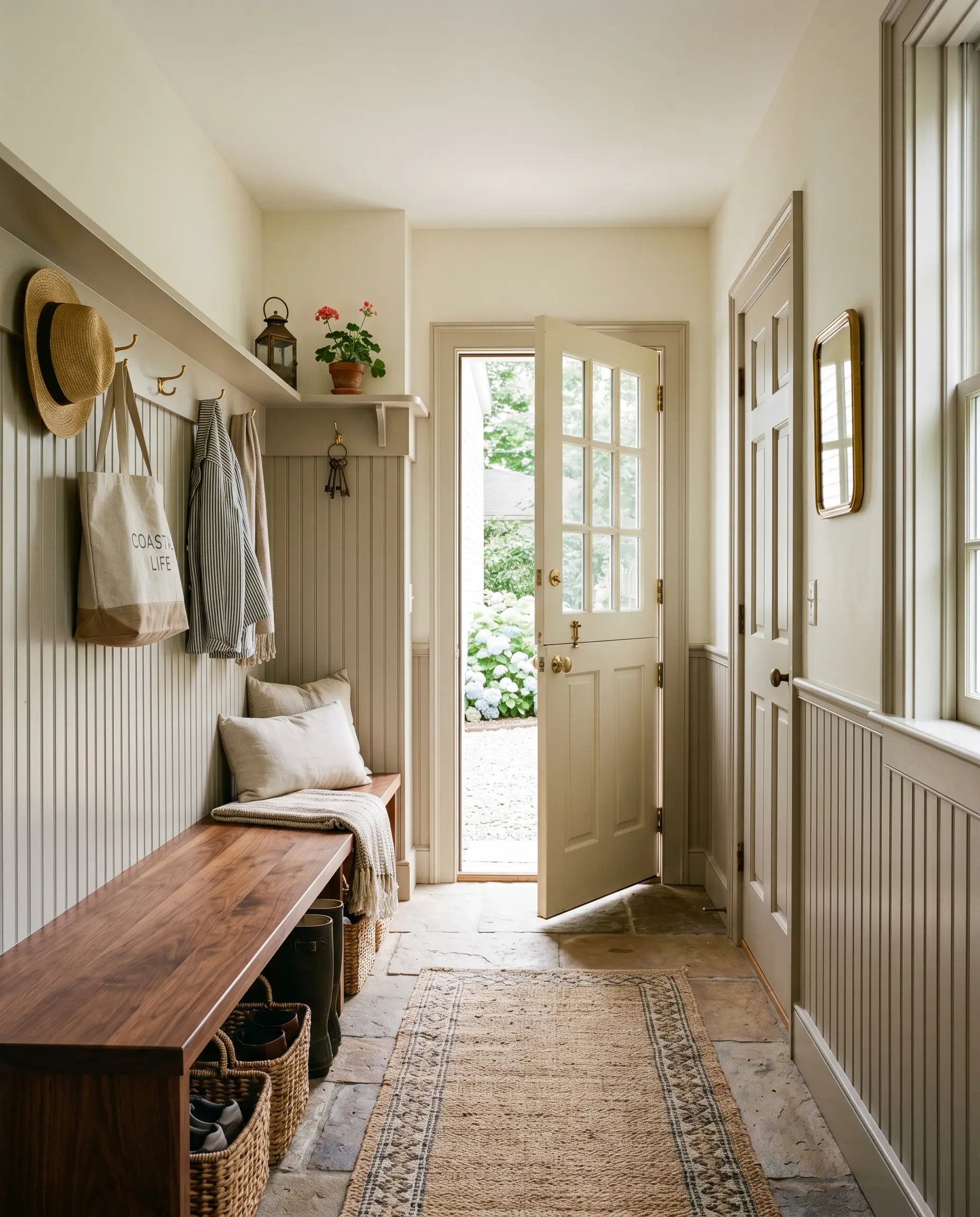 Satin sheen lower beadboard wainscoting in a muted green-gray neutral contrasts against crisp white upper walls and a deep walnut bench.