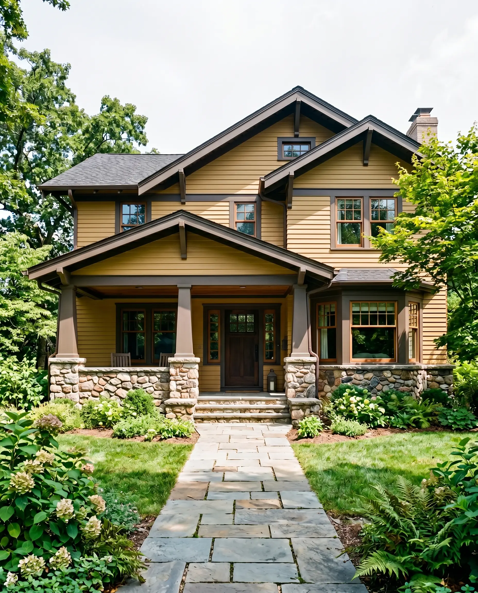 Exterior siding painted in Farrow & Ball India Yellow (Hex #c59c5d) pairs with dark brown trim on a historic craftsman facade featuring a natural stone foundation and tumbled bluestone walkway.