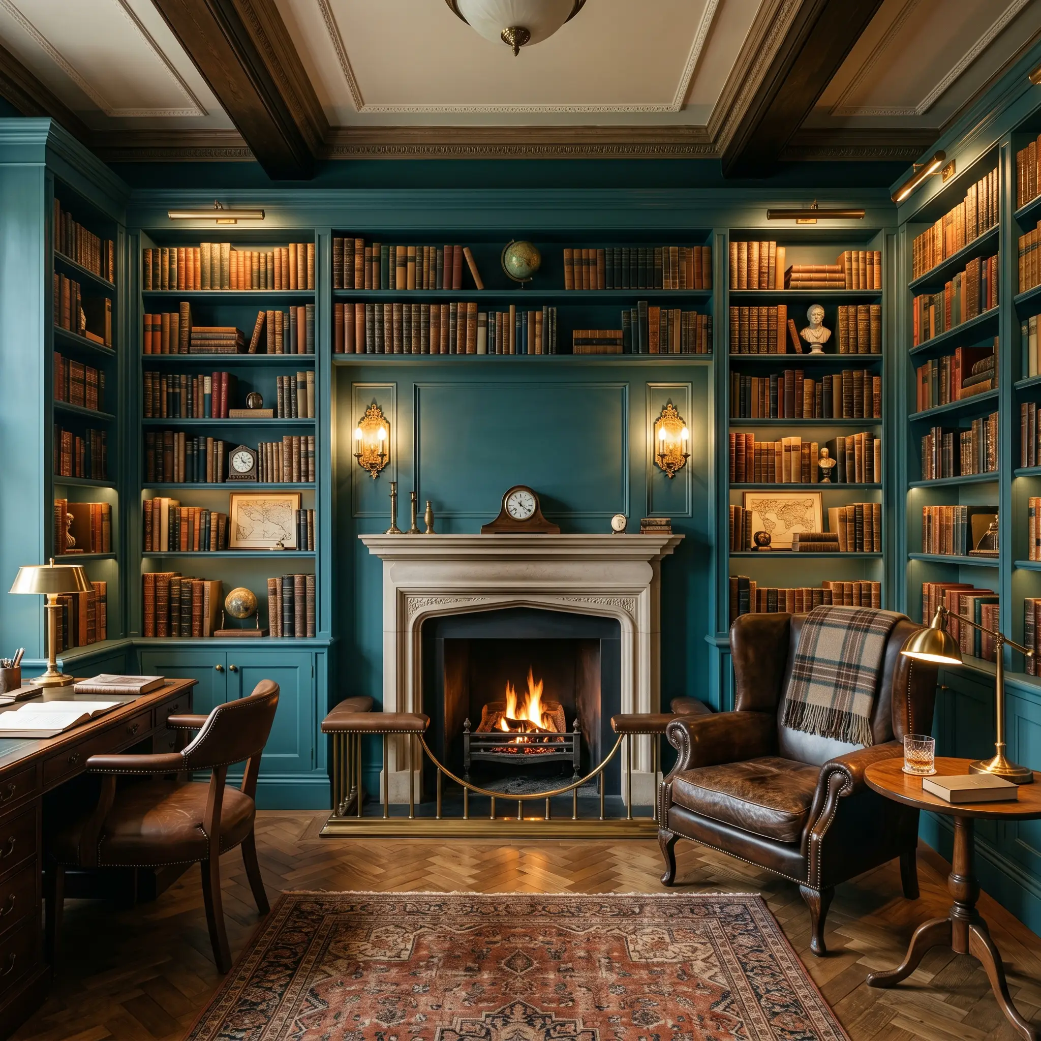 Floor-to-ceiling built-in shelving painted in a rich jewel tone frames a vintage leather armchair and unlacquered brass library sconces in a historic study.