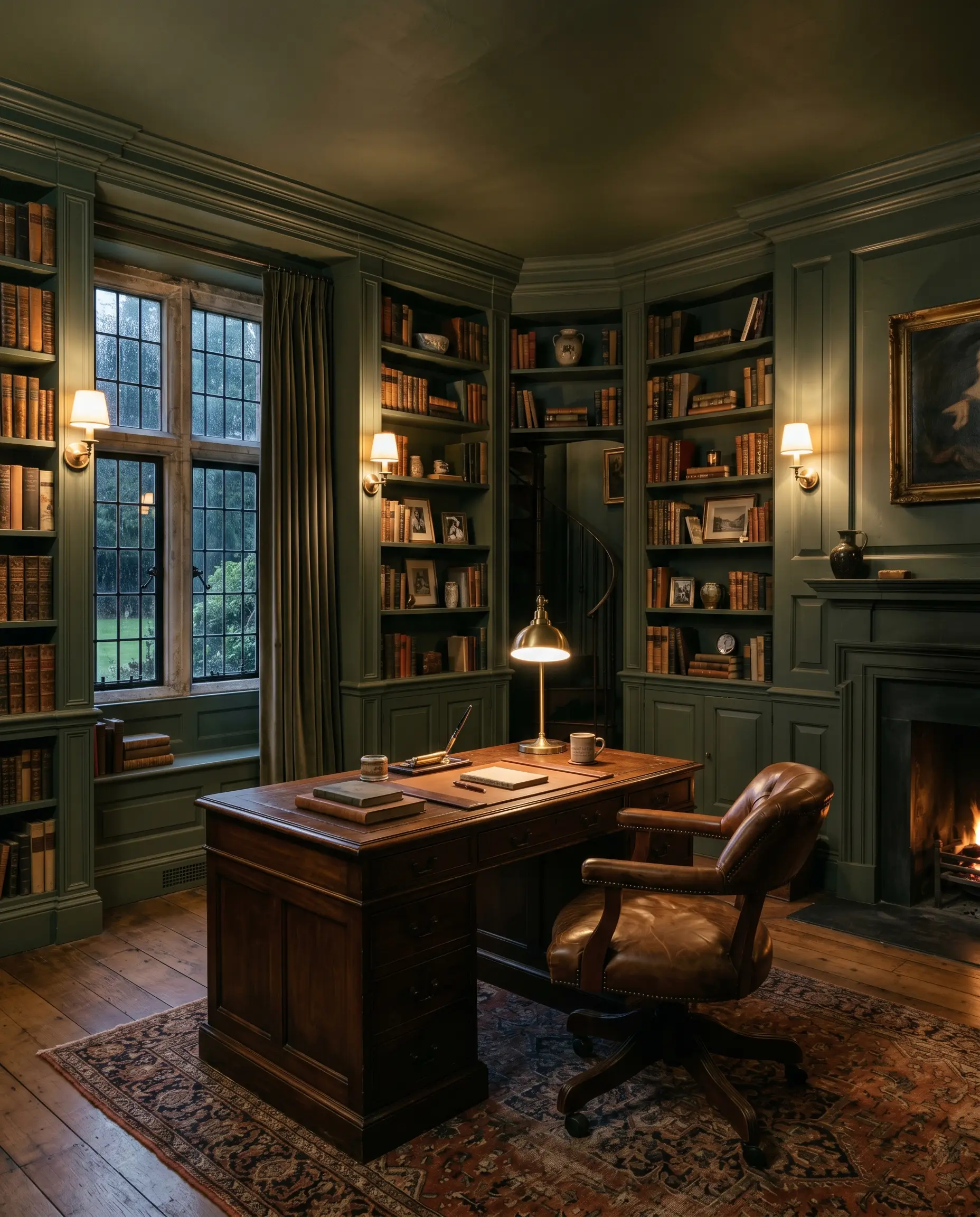 A moody home office features walls, trim, and built-in bookshelves entirely color-drenched in Benjamin Moore Mohegan Sage, complementing a dark walnut desk and worn brown leather chair.