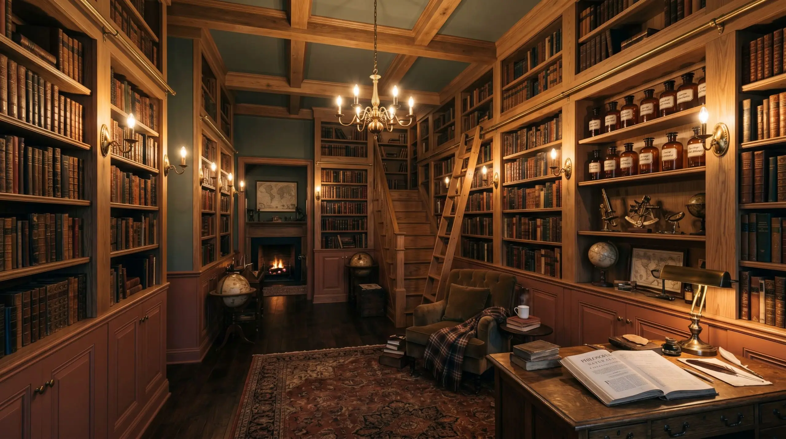 Natural white oak shelving filled with books and amber glass accents sits above sun-baked clay lower wainscoting in a dark academic library.