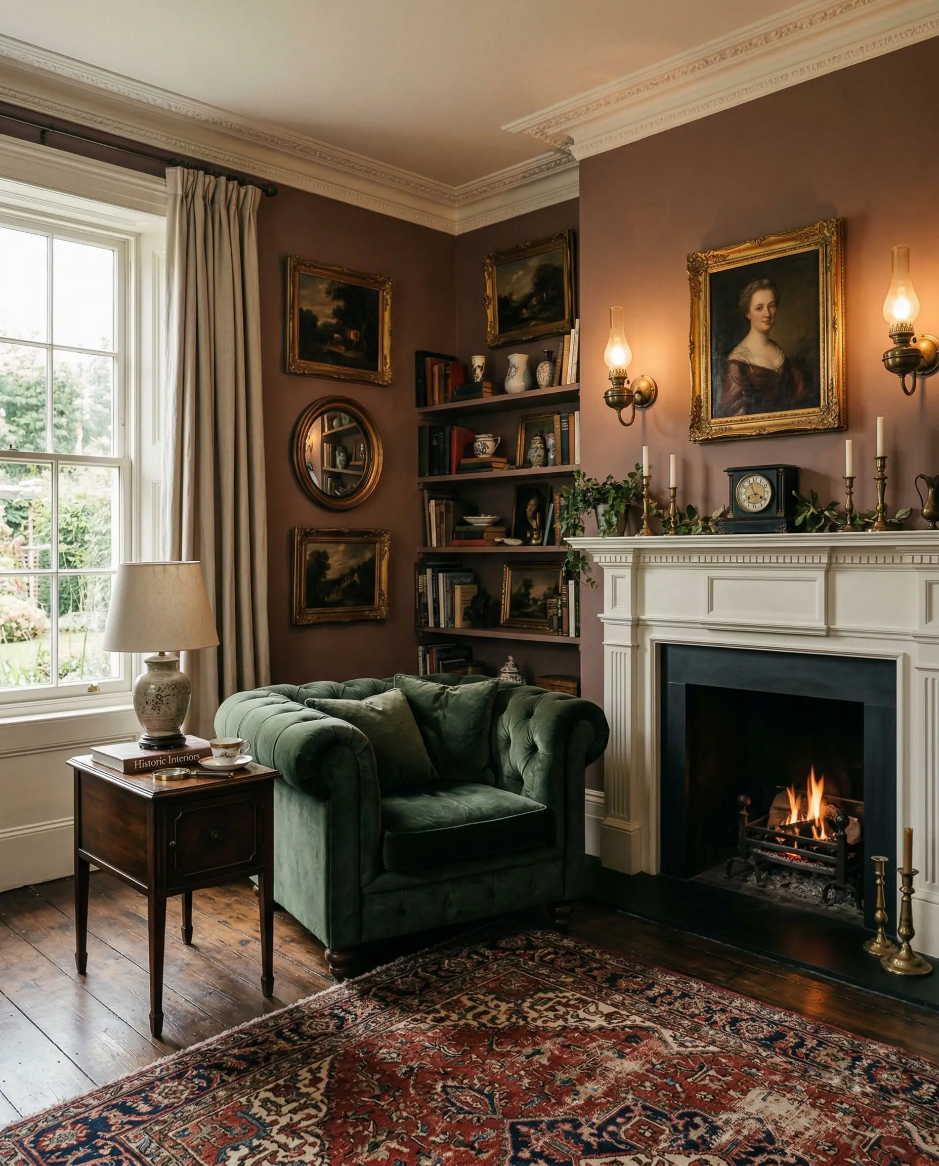 Warm incandescent lighting fills a historic living room featuring dark walnut floors, aged unlacquered brass sconces, a forest green velvet armchair, and earthy mauve walls.