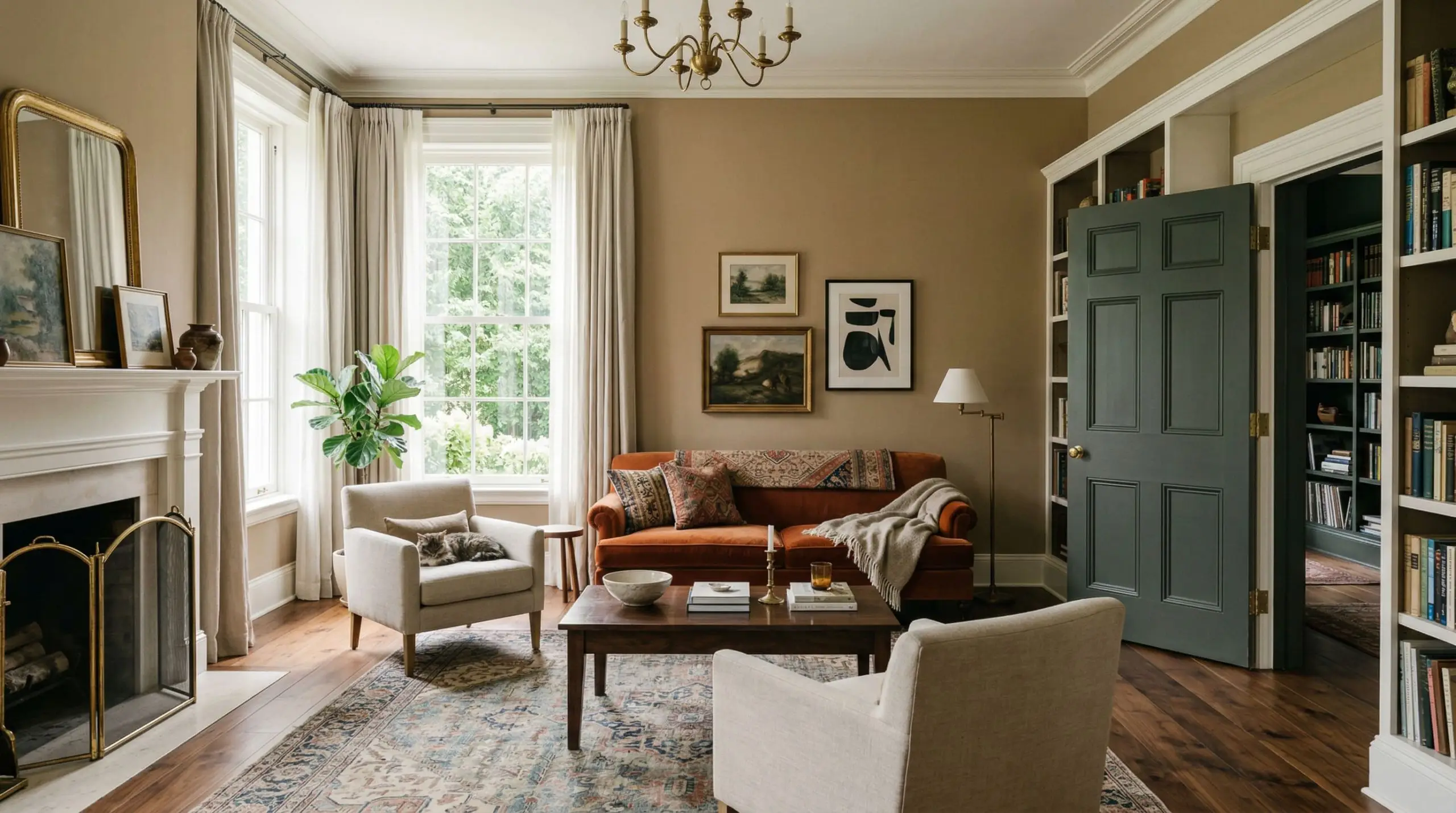 Soft natural daylight illuminates a historic living room showcasing rich walnut flooring, Benjamin Moore Sherwood Tan (Hex #B8A183) walls, Mountain Peak White trim, and Studio Green doors.