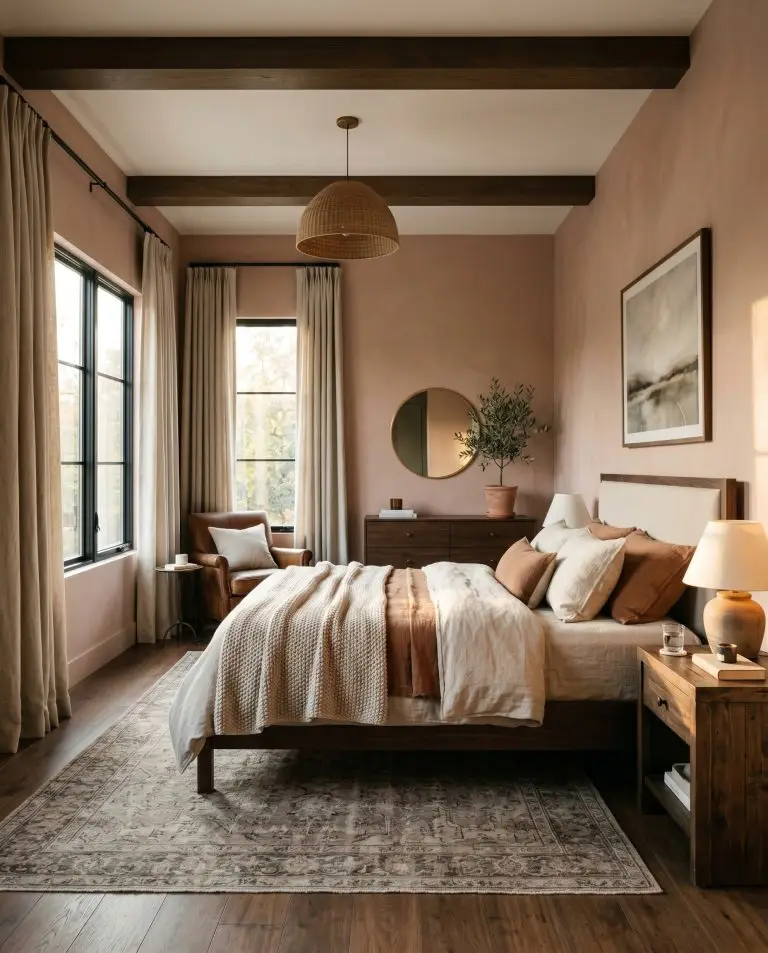 A restful master bedroom pairs a dark walnut bed frame and heavy linen drapery with walls finished in Farrow & Ball Setting Plaster (Hex #d9c0ae).