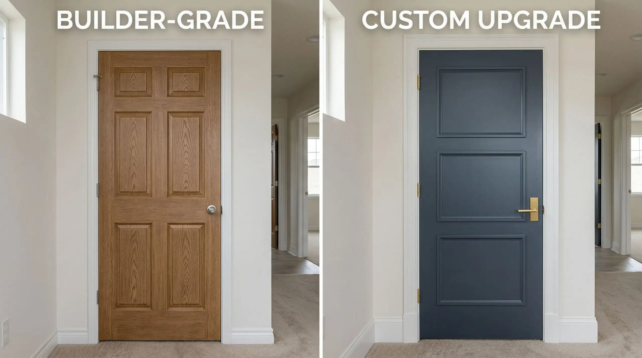 Split-screen comparing a textured 6-panel hollow-core door with a smooth solid-core slab door featuring custom applied 3-panel molding.