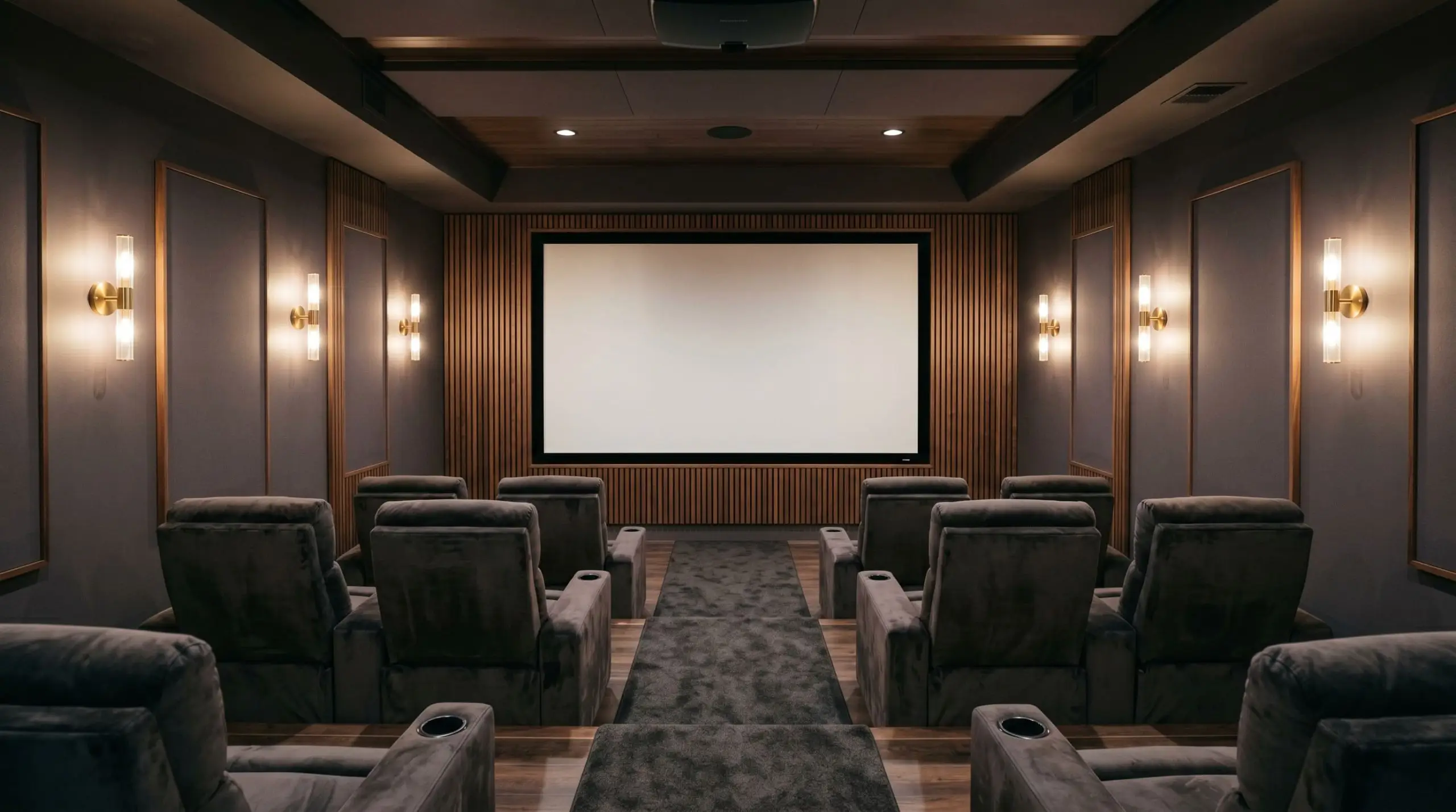 Rich velvet seating and warm walnut acoustic panels furnish a transitional modern home theater with color-drenched moody neutral walls and ceiling.