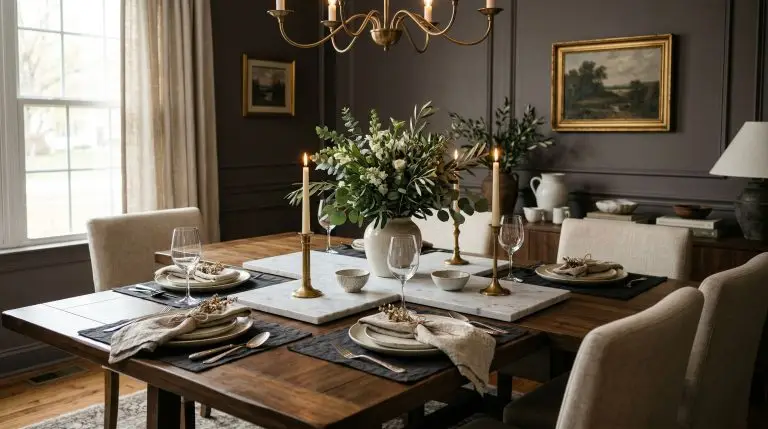 A honed Carrara marble centerpiece sits on a warm walnut dining table set against a deep plum-gray background in a curated dining room.